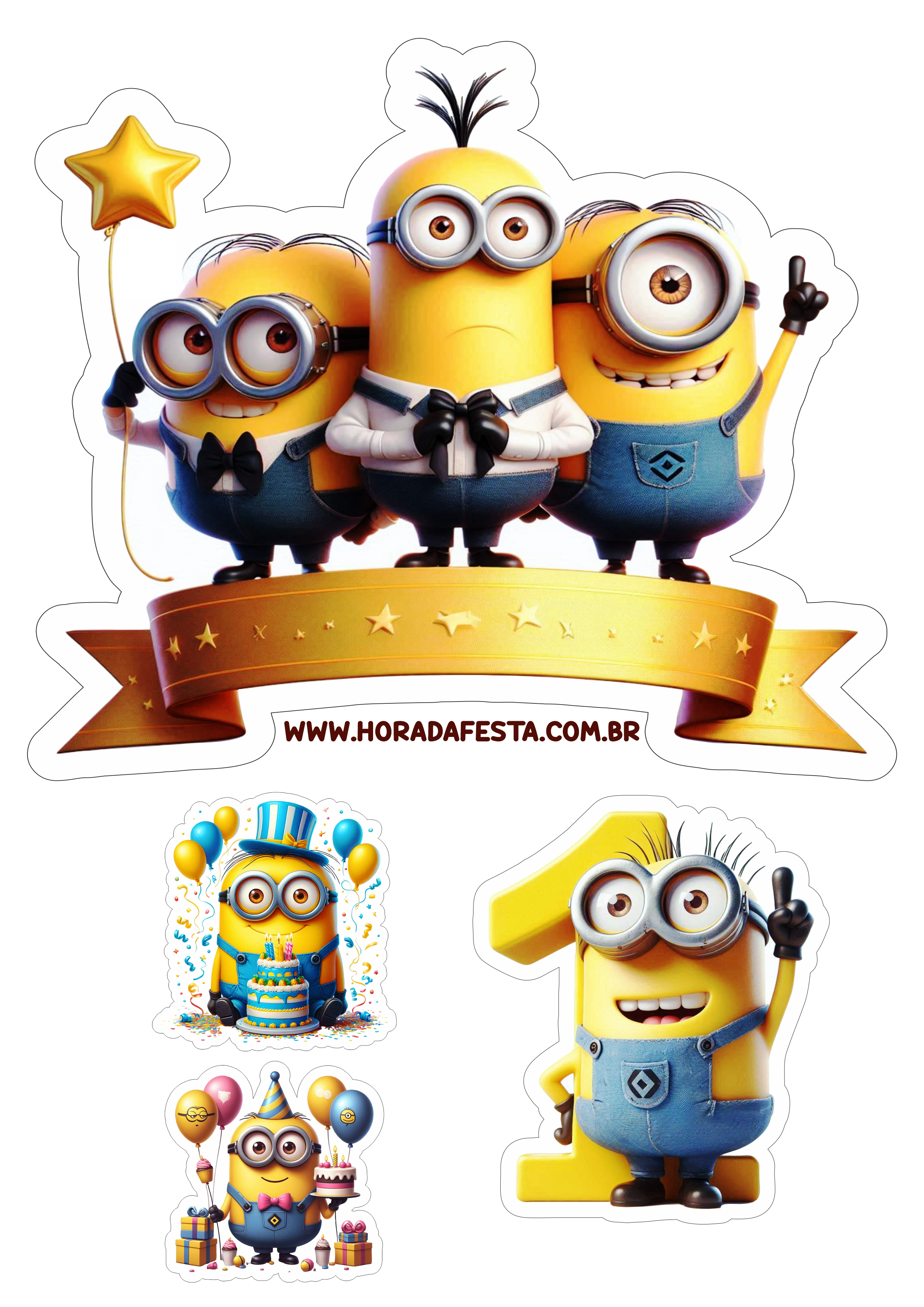 Topo de bolo Minions aniversário infantil de 1 ano com contorno para recorte png