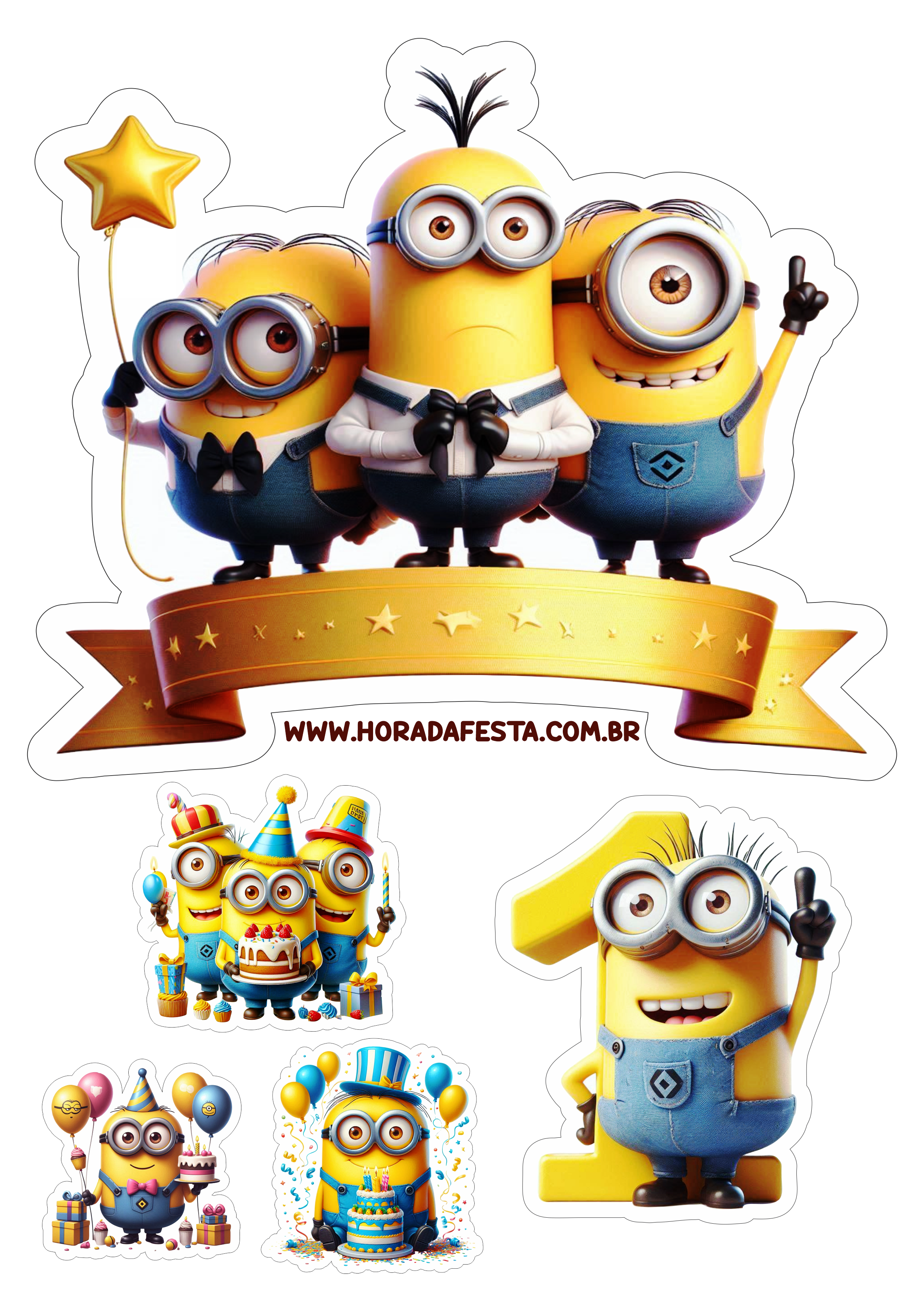 Topo de bolo Minions aniversário infantil de 1 ano com contorno para recorte festa personalizada png