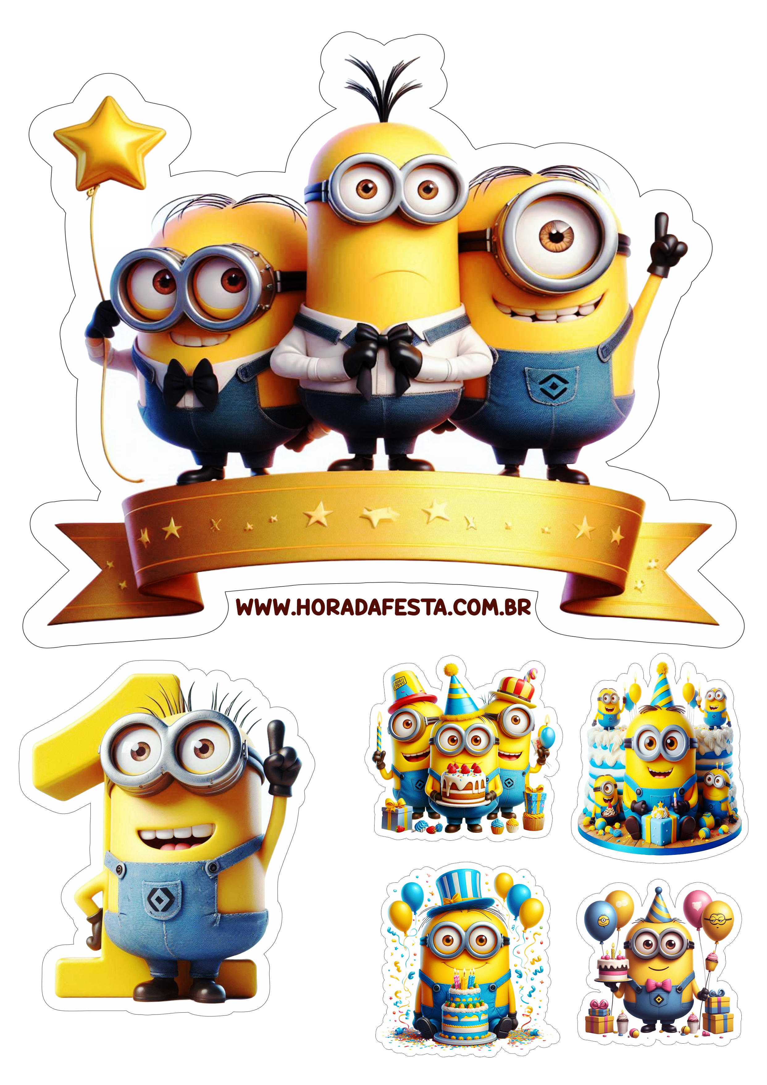 Topo de bolo Minions aniversário infantil de 1 ano com contorno para recorte festa personalizada balões png