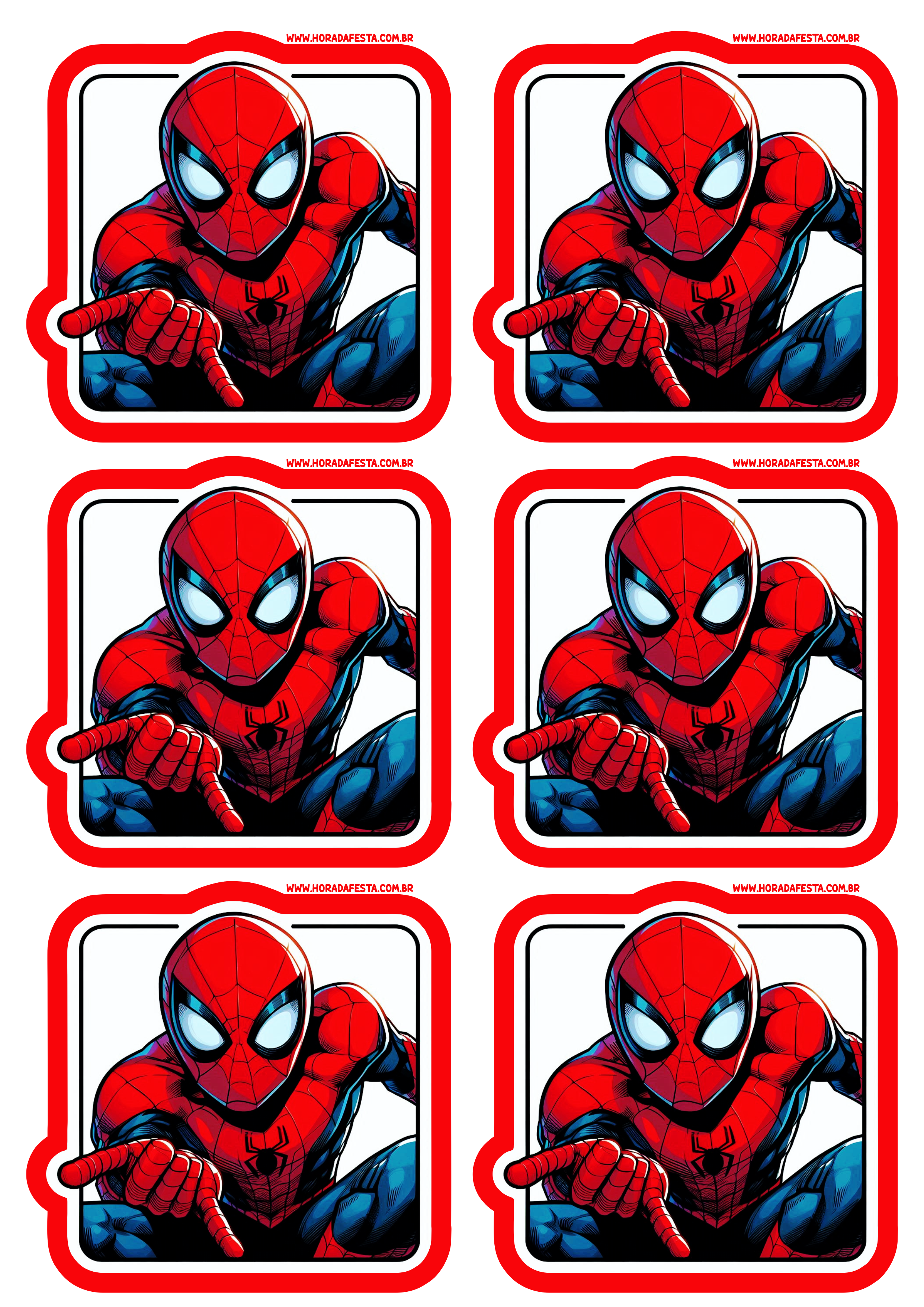 Homem-Aranha adesivo quadrado para personalização de festa de aniversário infantil pronto para imprimir 6 imagens png