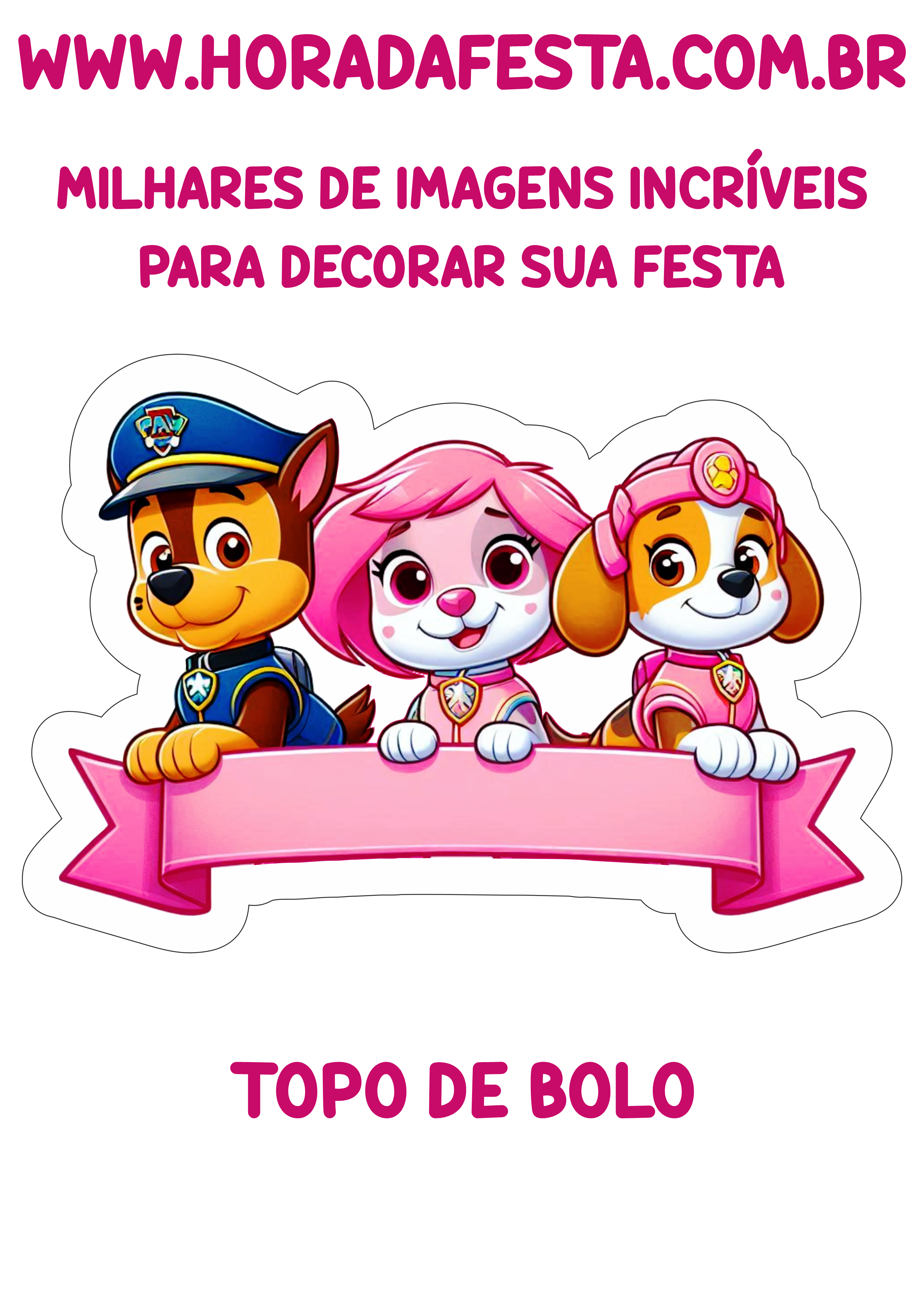 Topo de bolo para imprimir Patrulha canina tema rosa festa de aniversário infantil png
