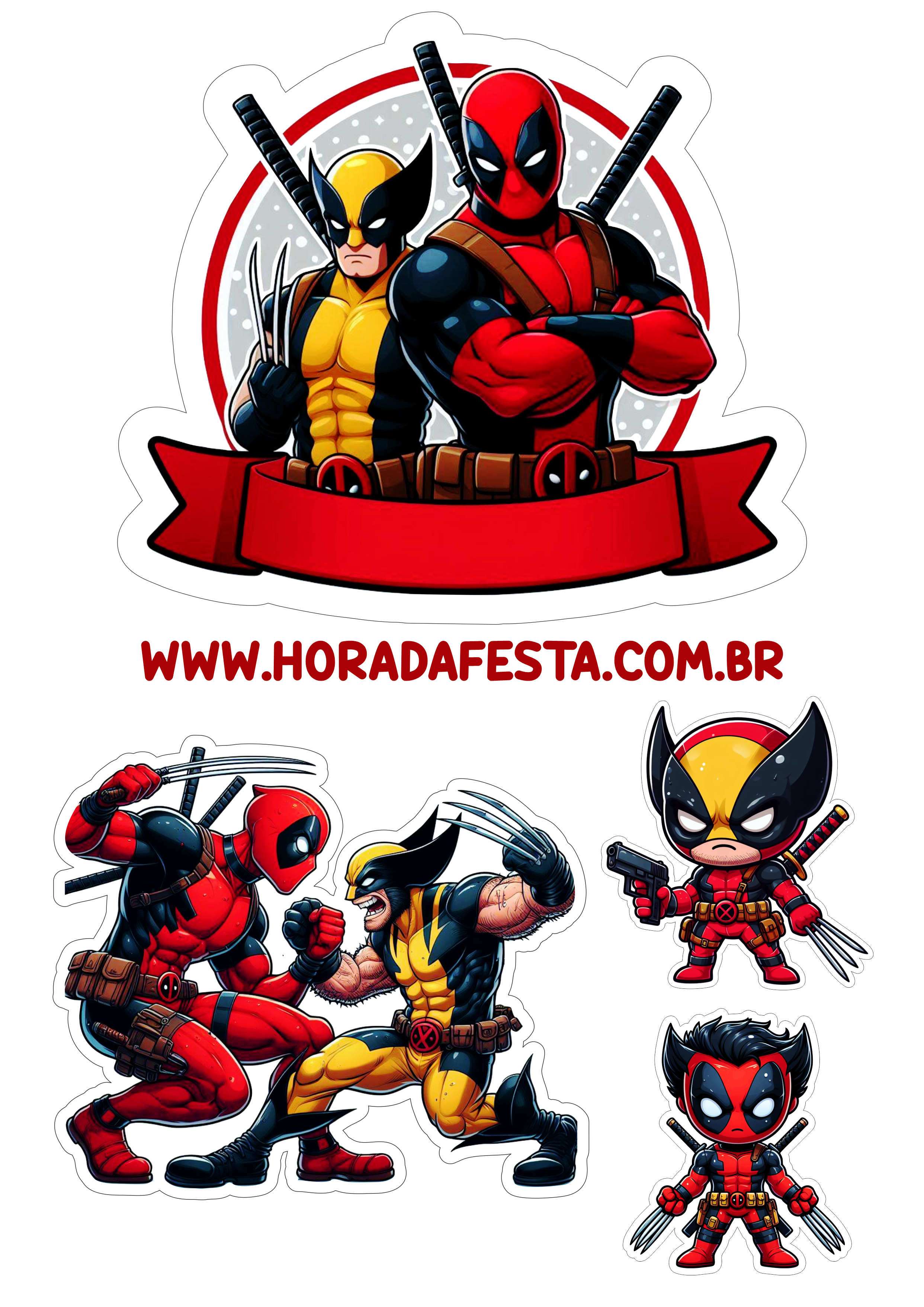 Topo de bolo grátis para imprimir Aniversário com tema Deadpool e Wolverine decoração de festa png