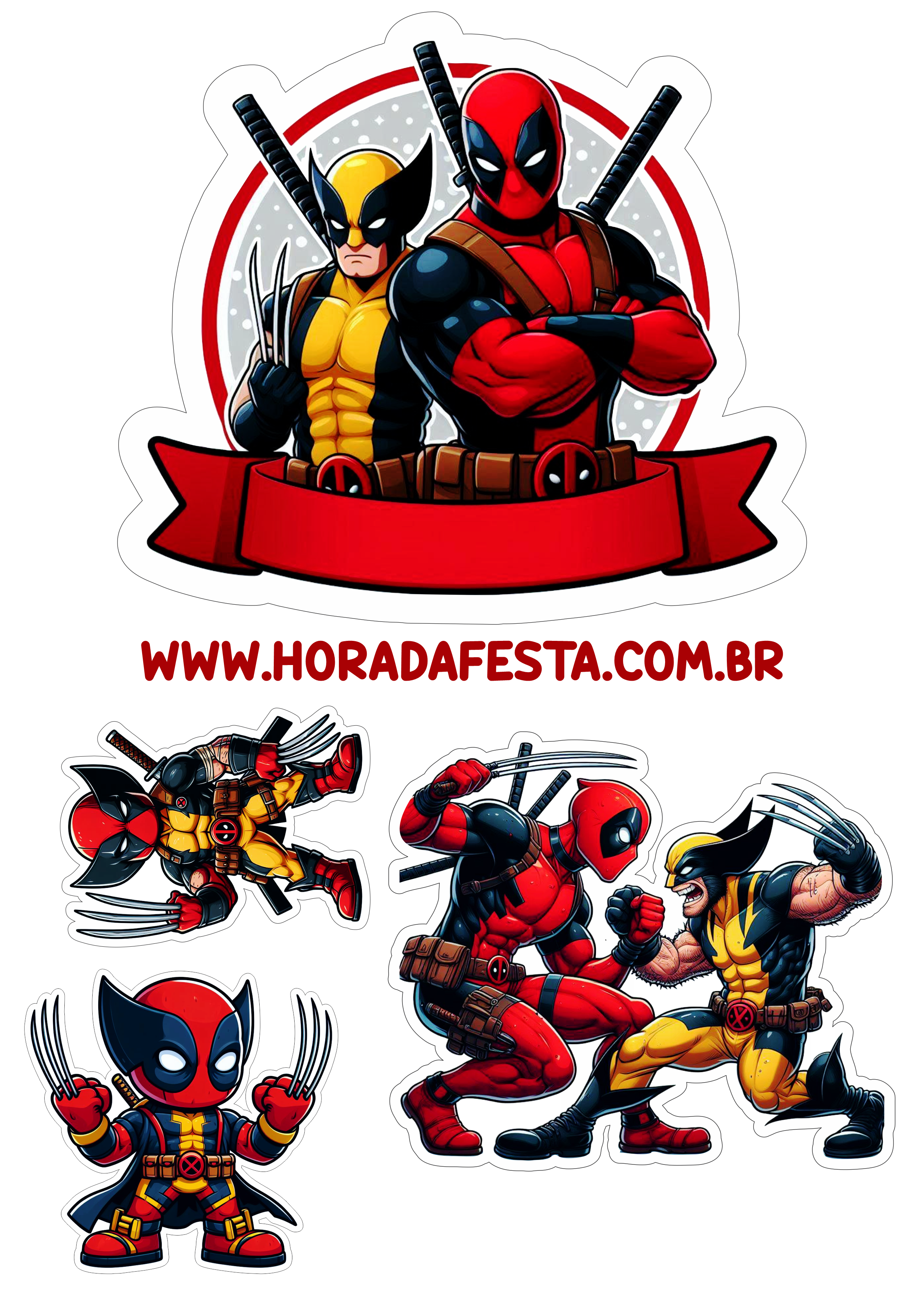 Topo de bolo grátis para imprimir Aniversário com tema Deadpool e Wolverine decoração de festa Marvel png