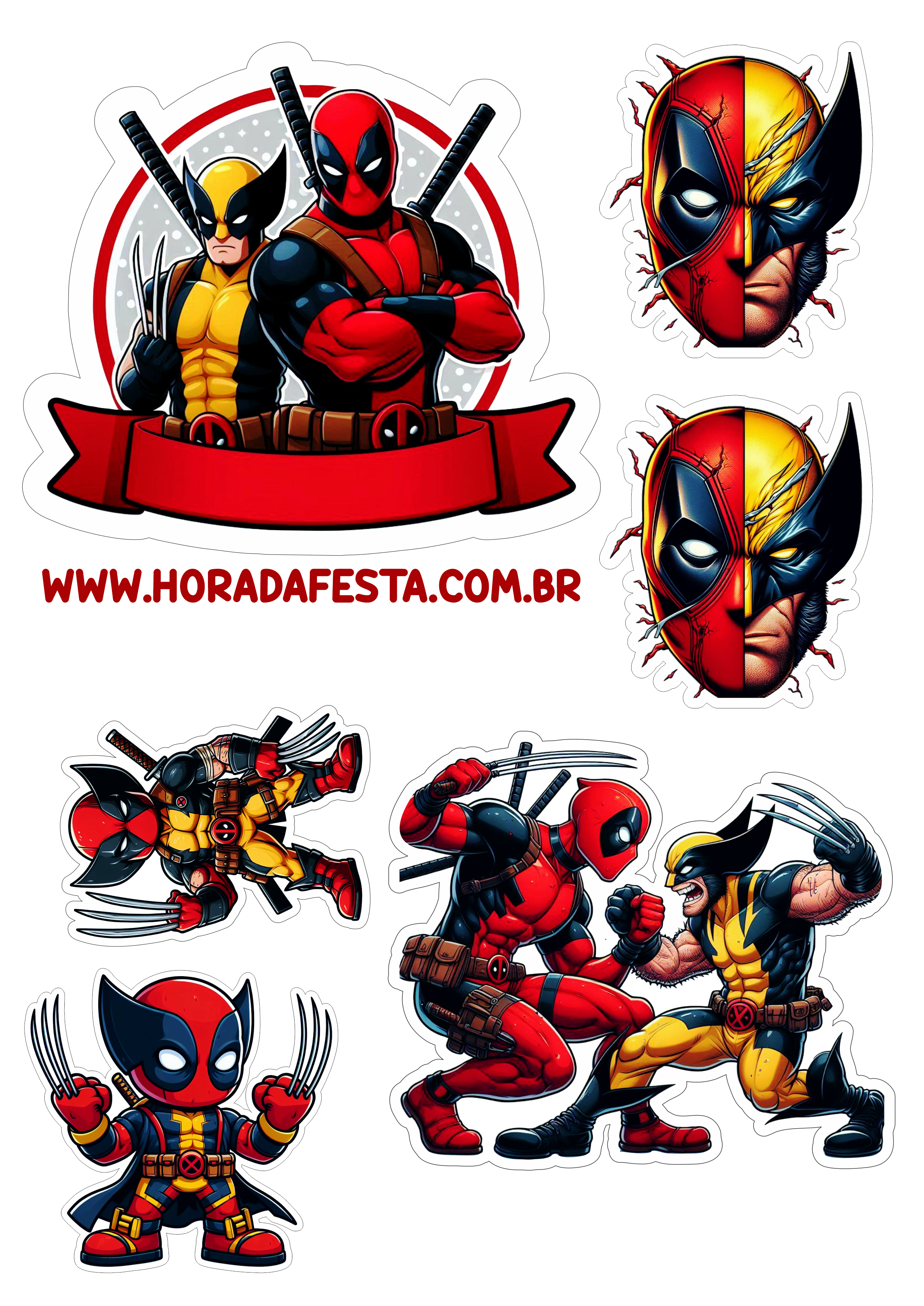 Topo de bolo grátis para imprimir Aniversário com tema Deadpool e Wolverine decoração de festa Marvel artes gráficas png