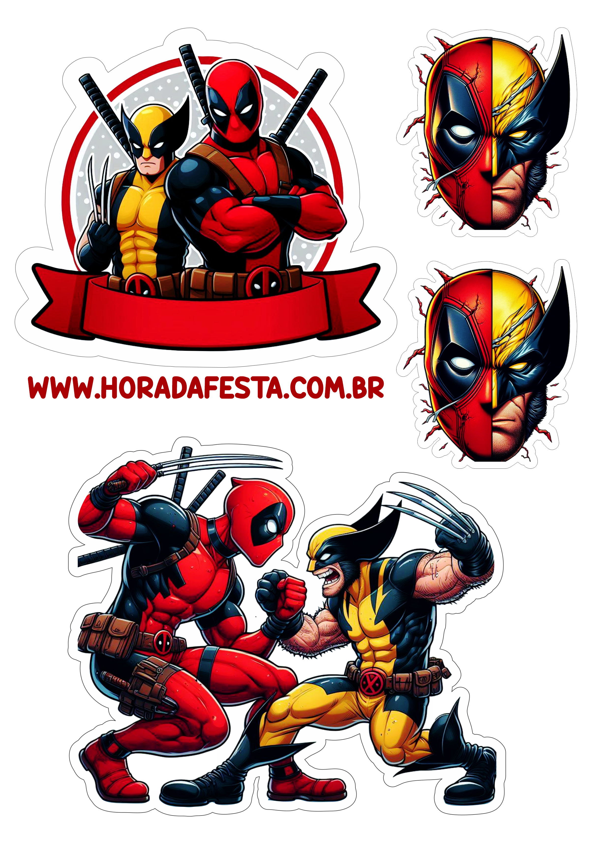 Topo de bolo grátis para imprimir Aniversário com tema Deadpool e Wolverine decoração de festa Marvel artes gráficas design png