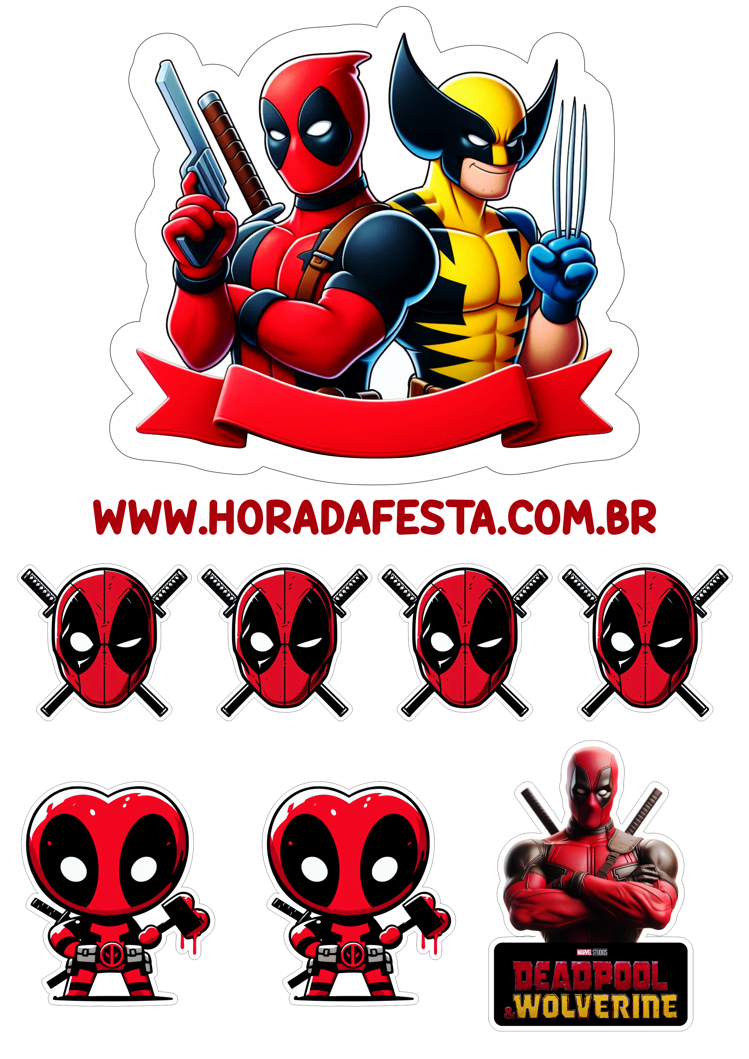 Topo de bolo grátis Deadpool e Wolverine novo filme Marvel decoração de aniversário infantil pronto para imprimir papelaria png