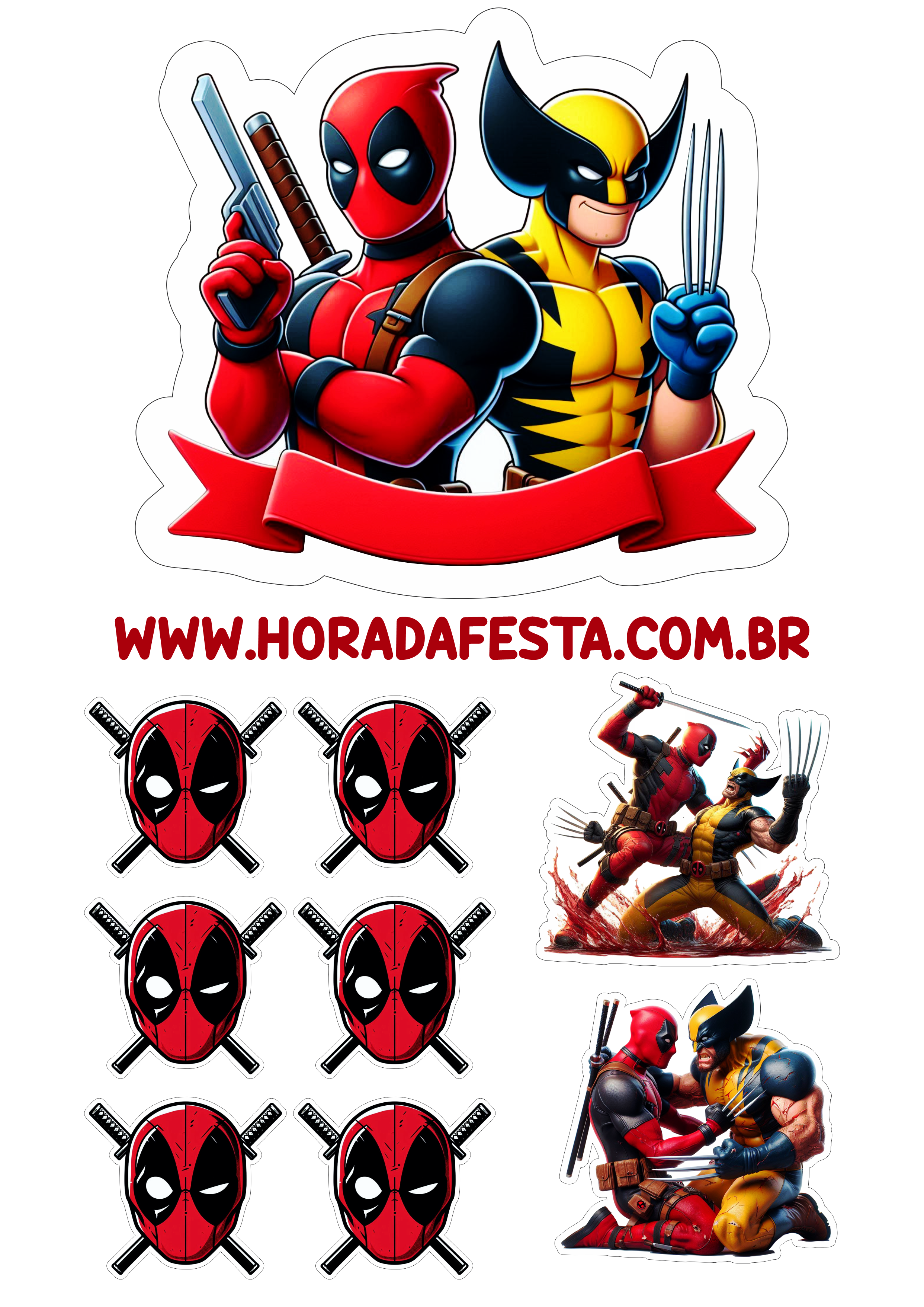 Topo de bolo grátis Deadpool e Wolverine novo filme Marvel decoração de aniversário infantil pronto para imprimir papelaria hora da festa png