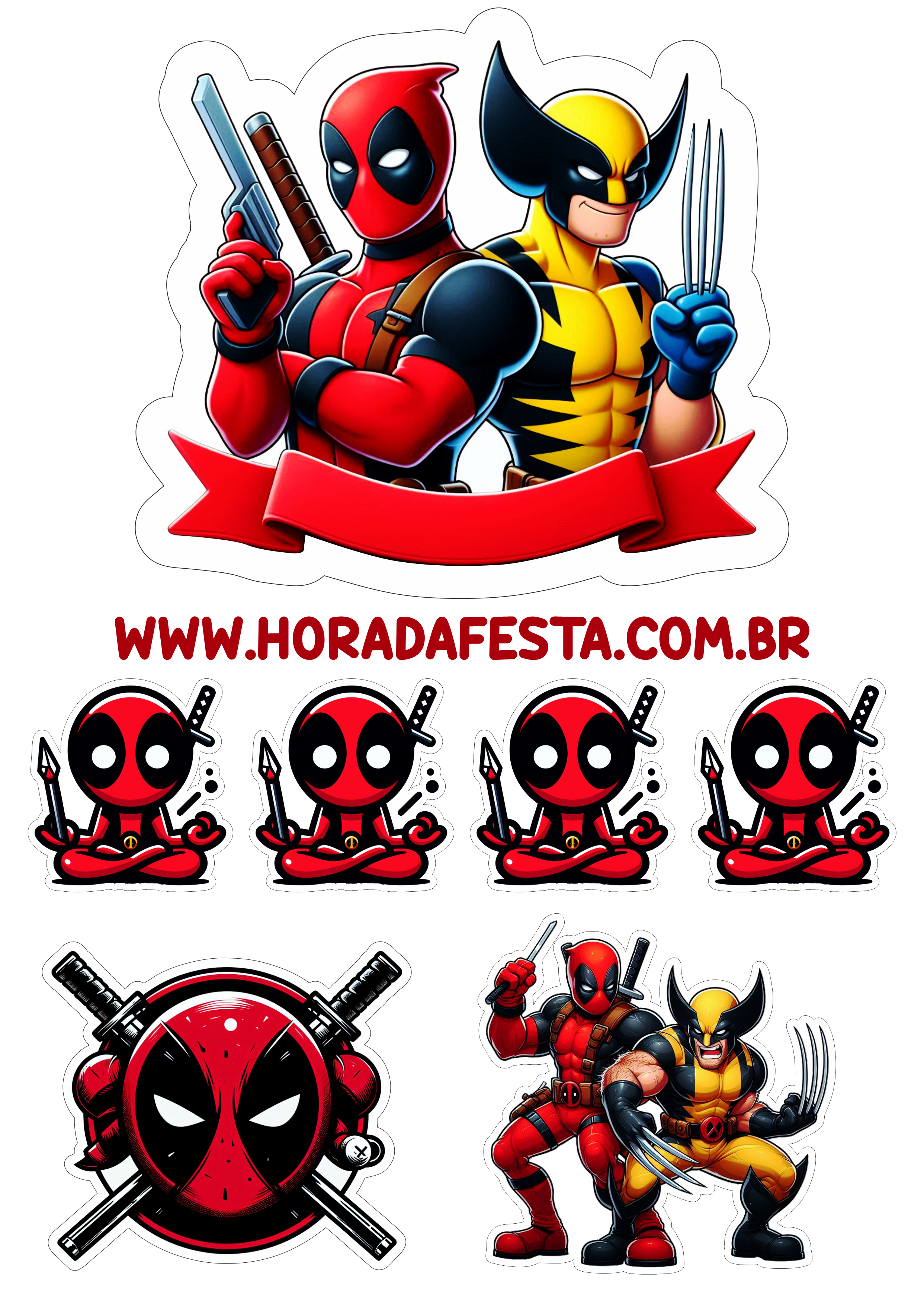 Topo de bolo grátis Deadpool e Wolverine novo filme Marvel decoração de aniversário infantil pronto para imprimir hora da festa png