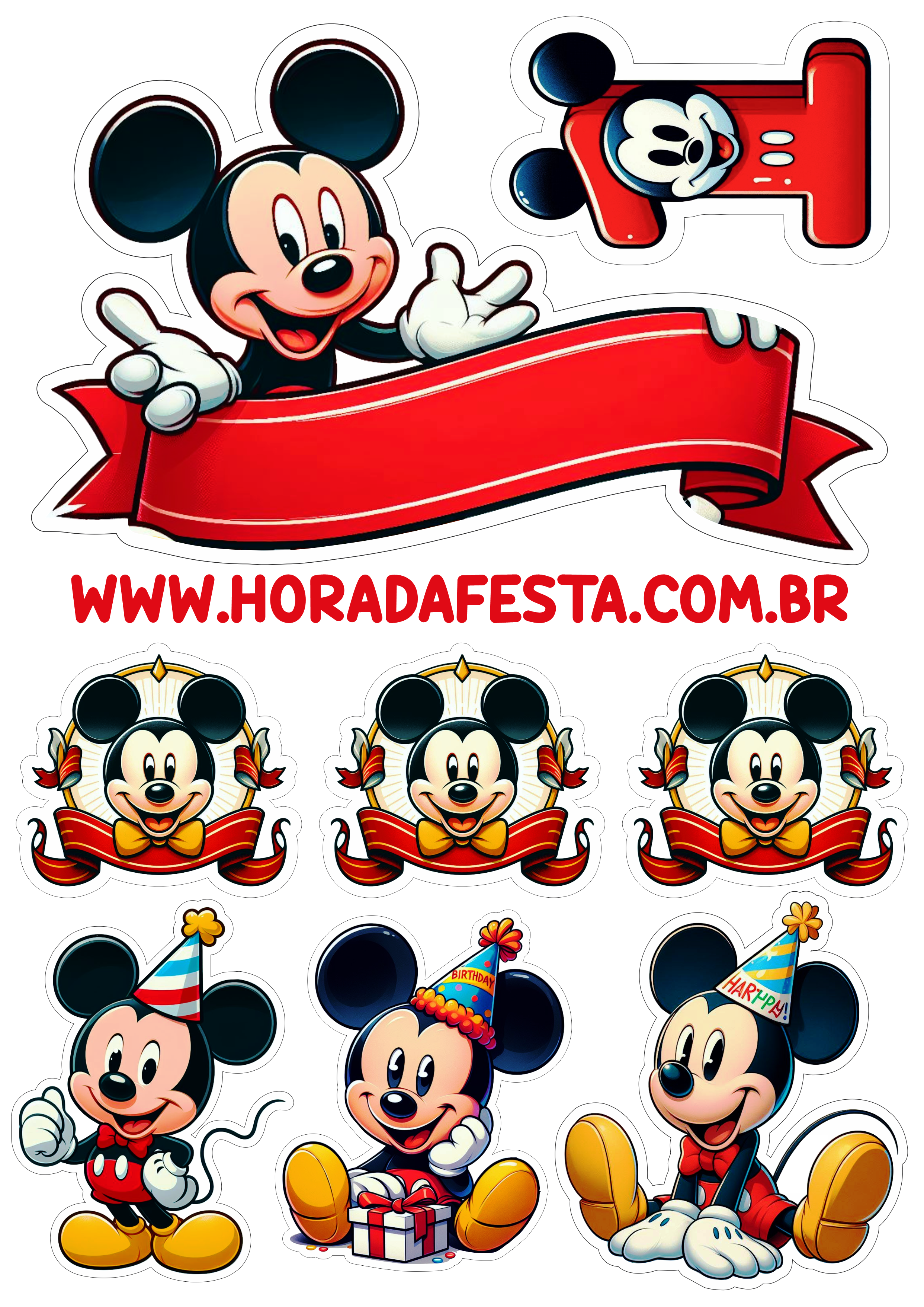 Topo de bolo de festa infantil Mickey Mouse decoração de aniversário 1 aninho png