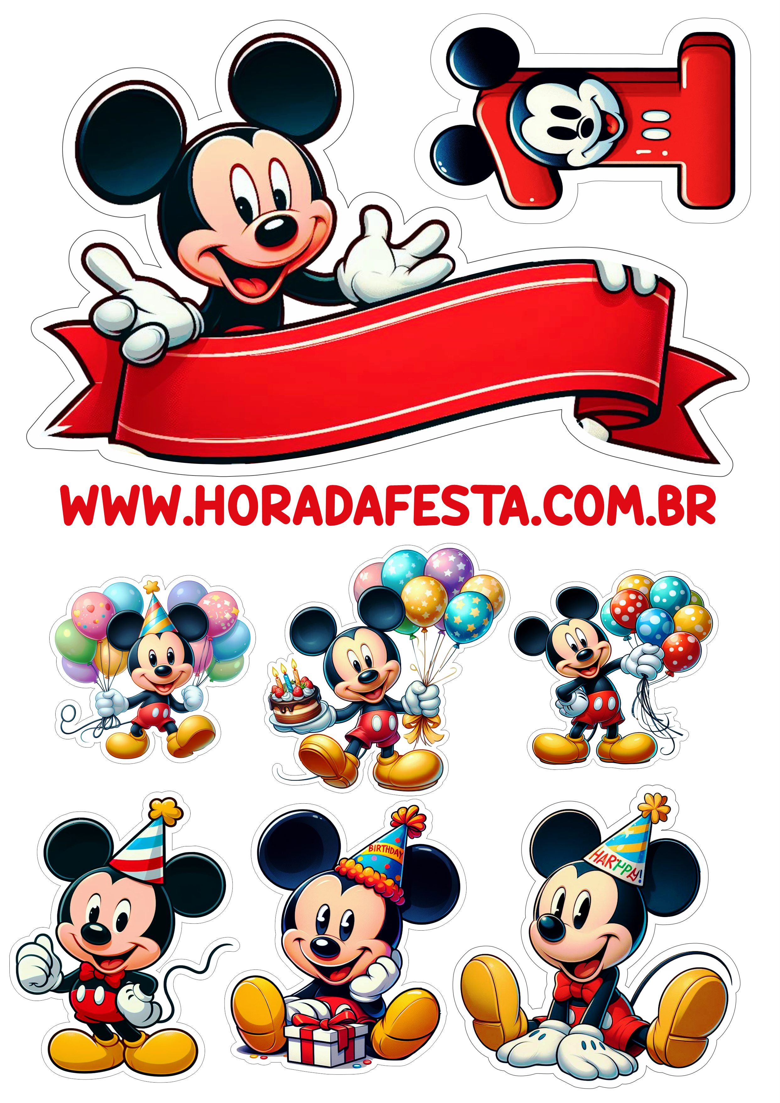 Topo de bolo de festa infantil Mickey Mouse decoração de aniversário 1 aninho pronto para imprimir png