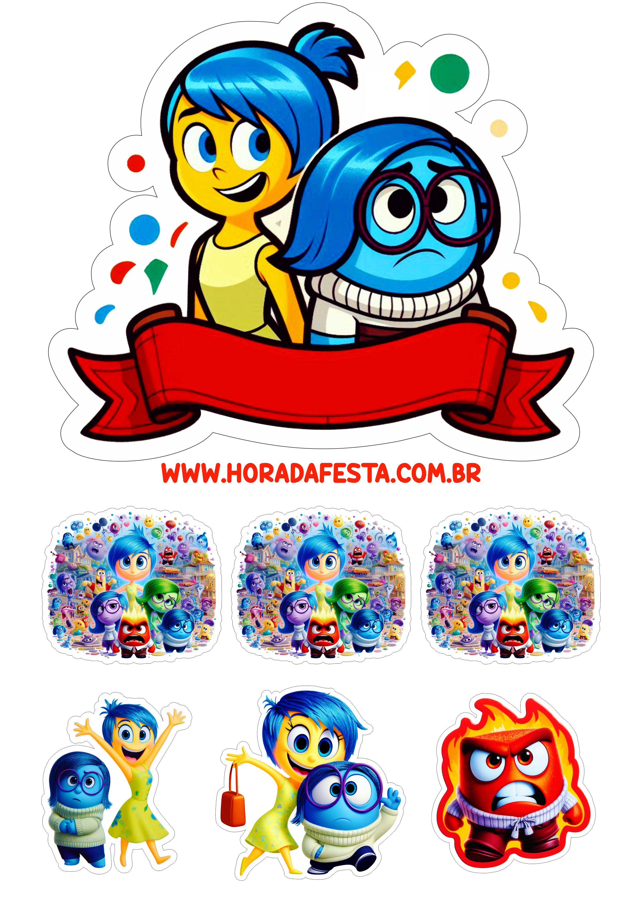 Topo de bolo para festa de aniversário infantil Divertida Mente inside out hora da festa png