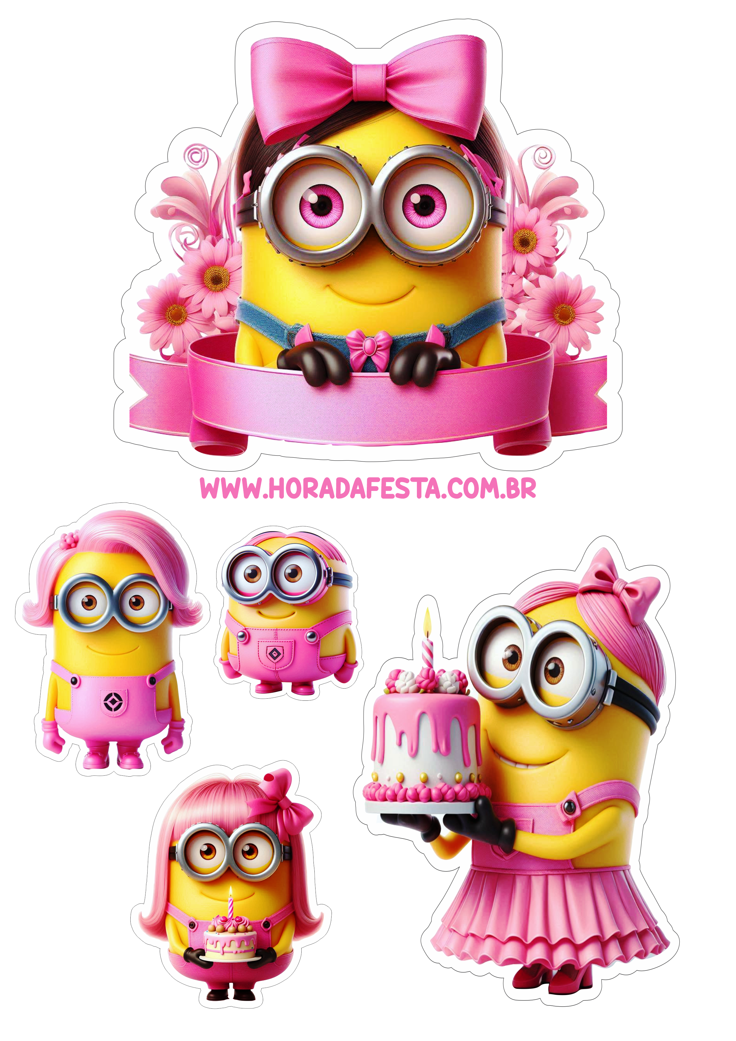 Minions topo de bolo para imprimir e decorar sua festa infantil personalizada aniversário temático menina rosa png