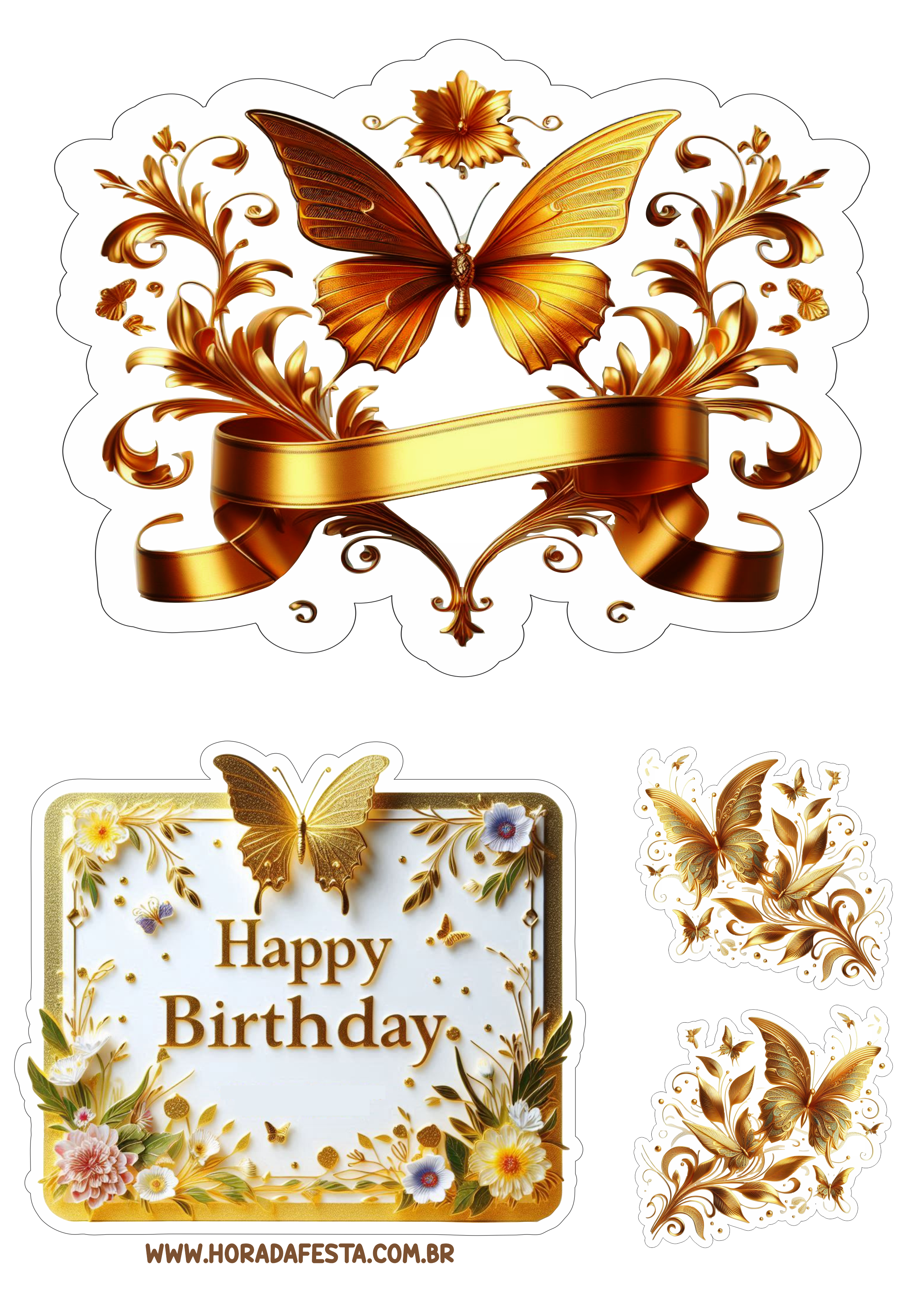 Plaquinha de aniversário happy birthday dourado com flores e borboletas decoração de festas papelaria criativa png