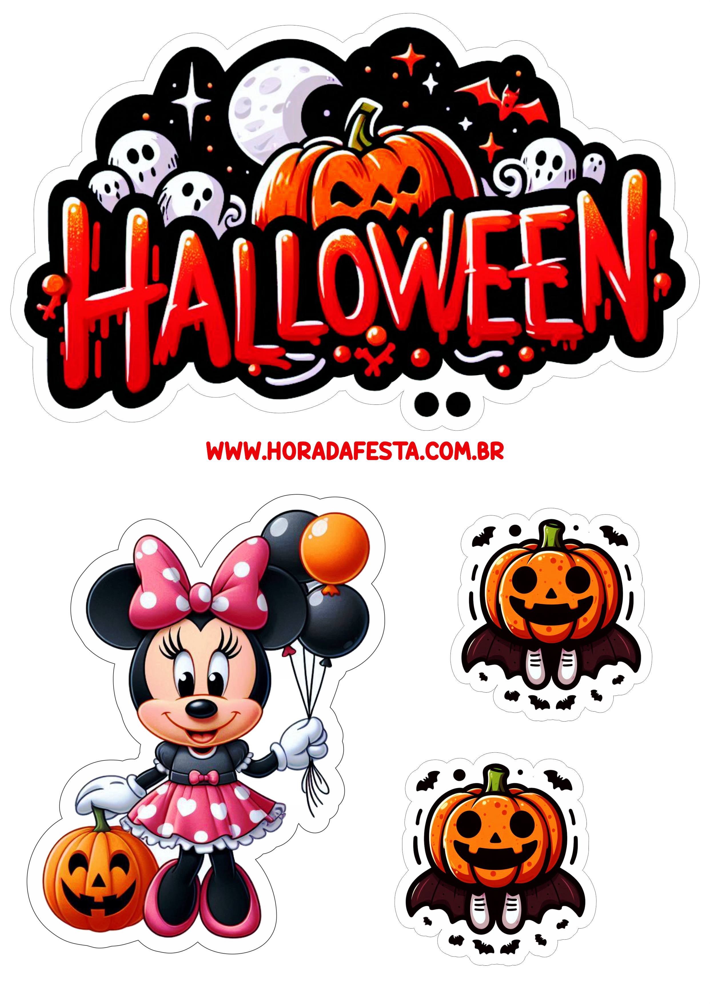 Topo de bolo Minnie Mouse Halloween decoração para imprimir aniversário png