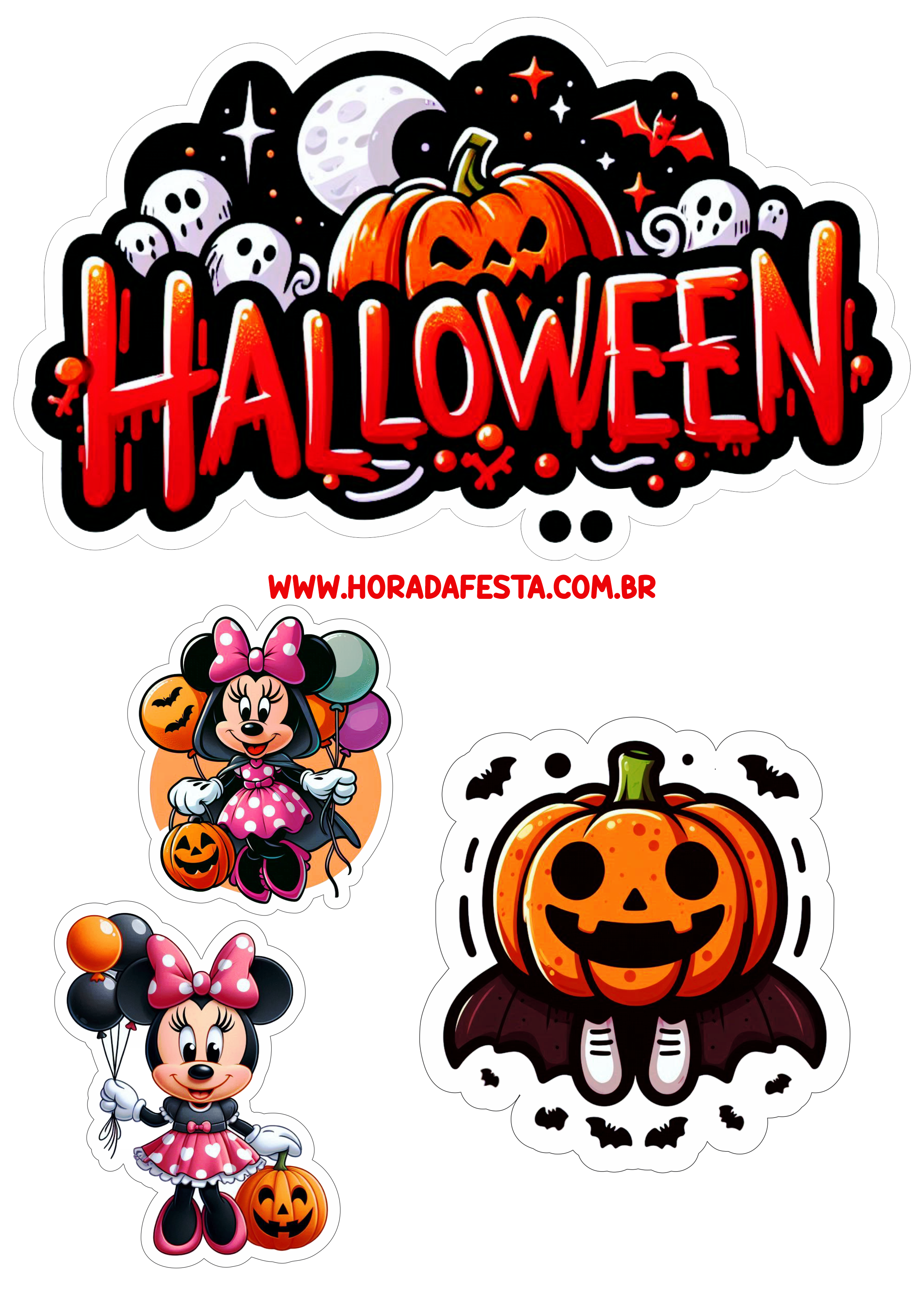 Topo de bolo Minnie Mouse Halloween decoração para imprimir aniversário infantil png