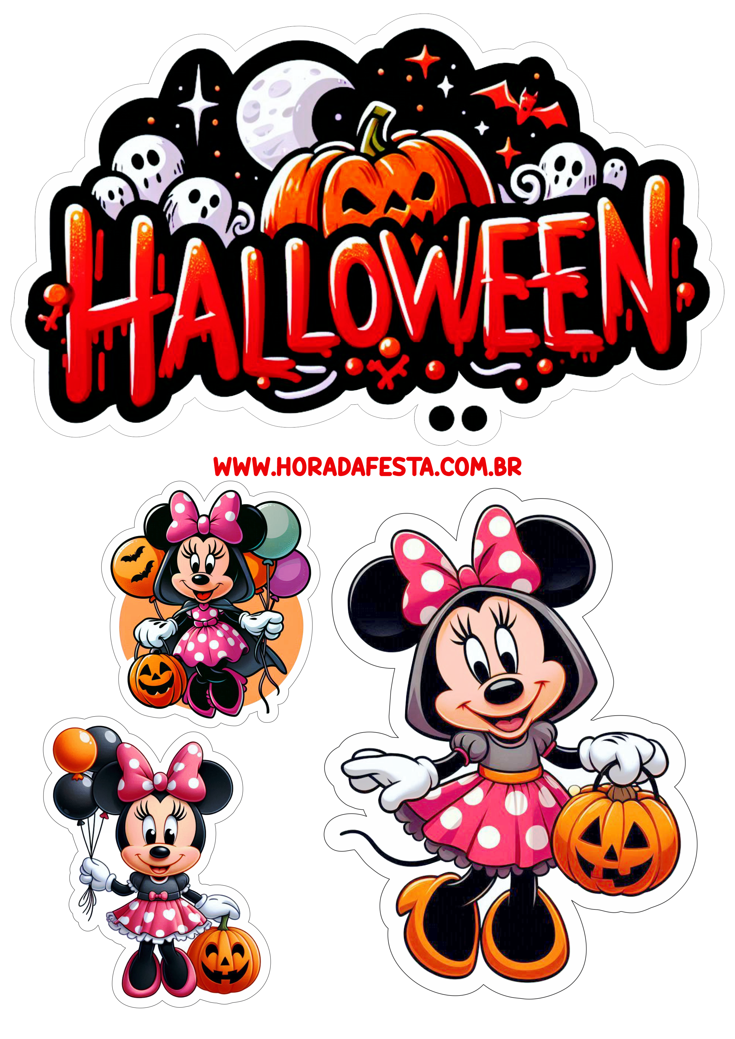 Topo de bolo Minnie Mouse Halloween decoração para imprimir aniversário infantil papelaria criativa png