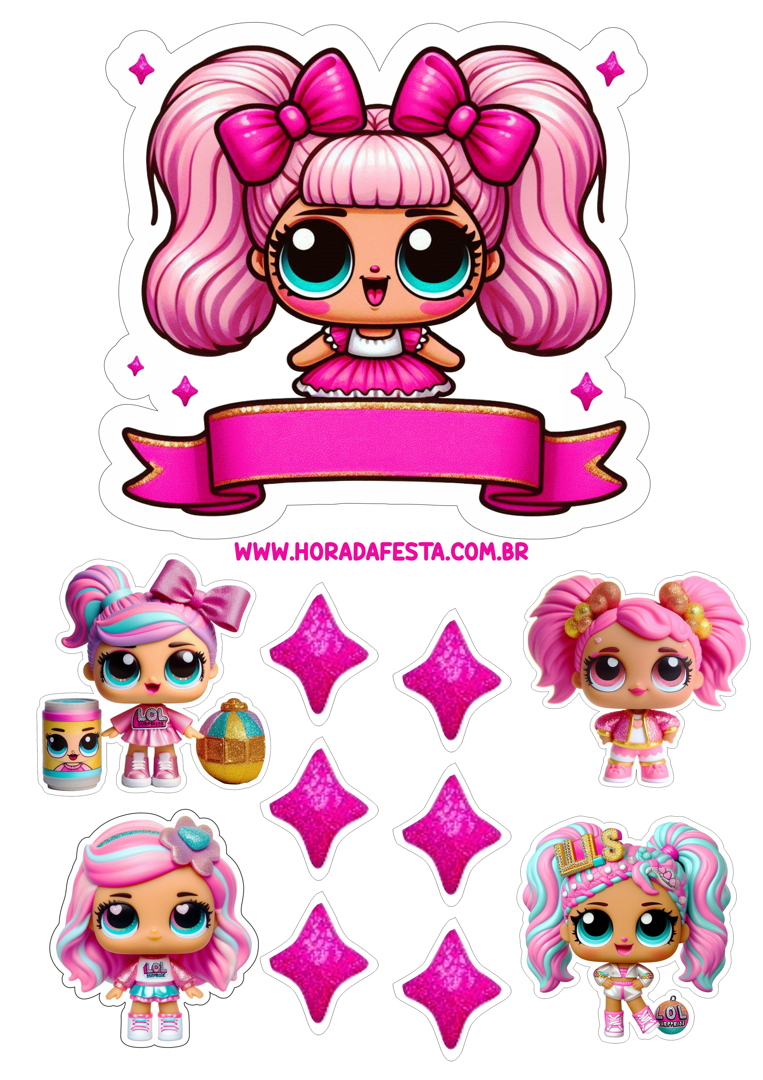 Topo de bolo infantil tema LOL Surprise bonequinhas fofinhas aniversário infantil topper cake brinquedos png