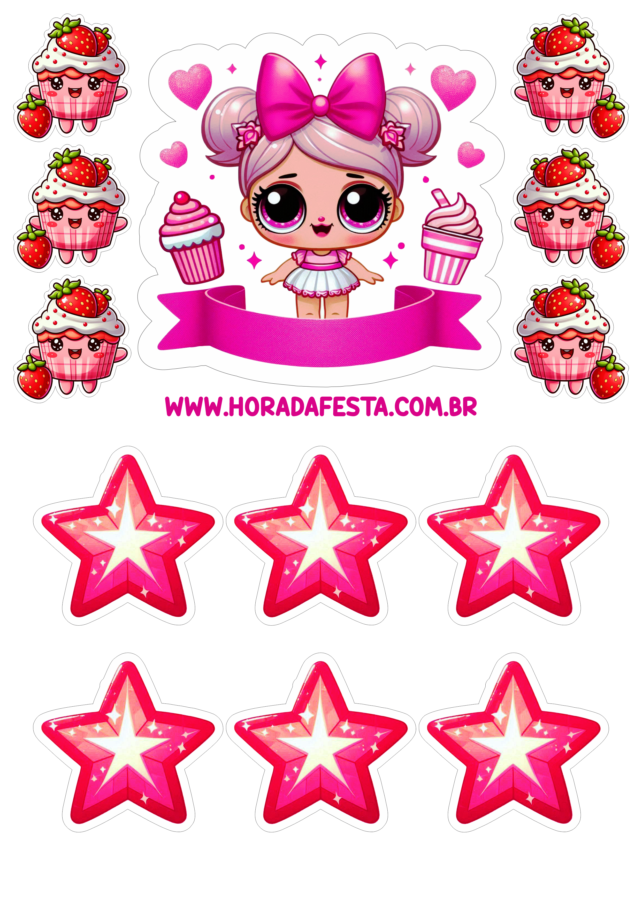 Topo de bolo infantil tema LOL Surprise bonequinhas fofinhas minha festa personalizada com estrelinhas png