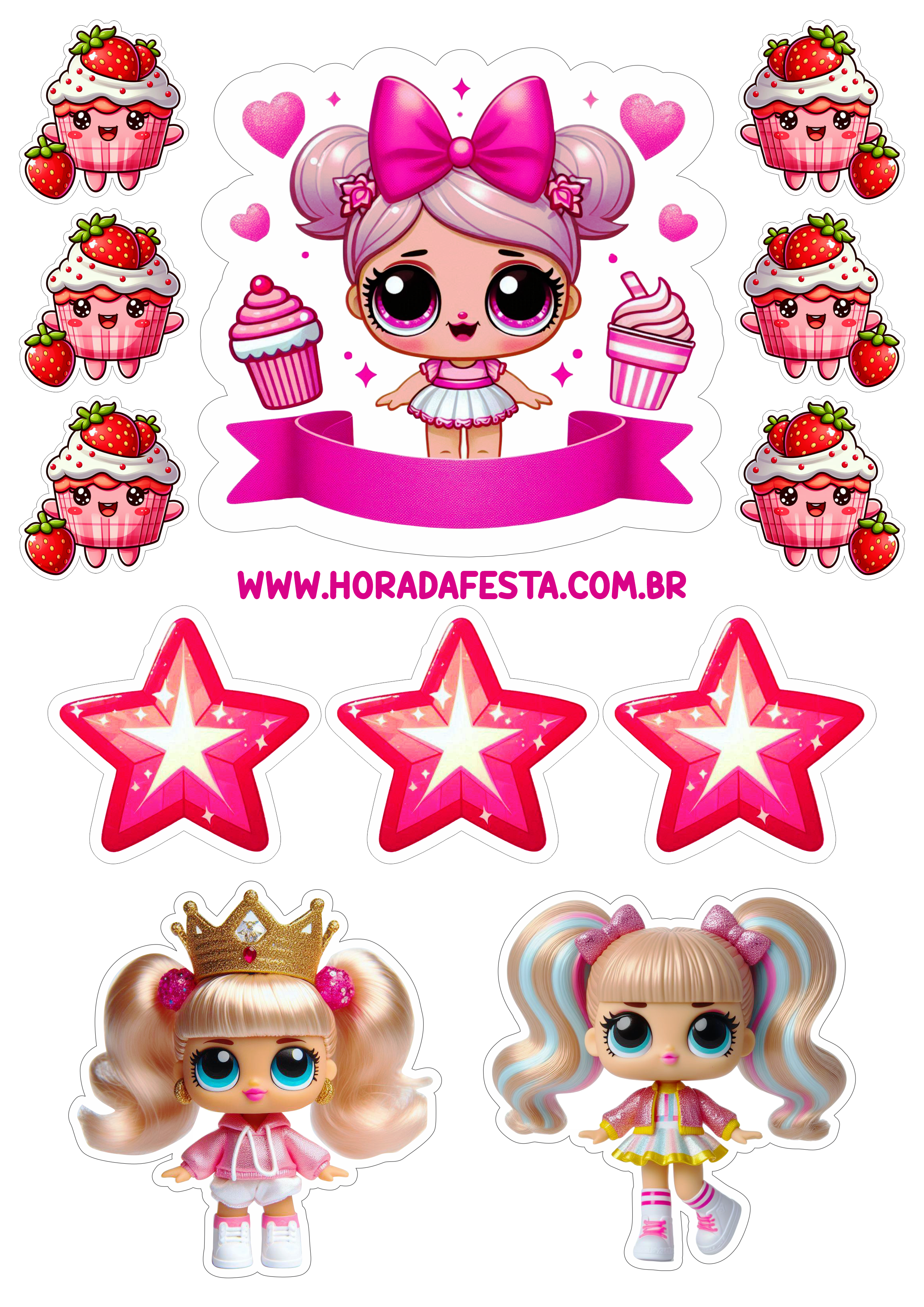 Topo de bolo infantil tema LOL Surprise bonequinhas fofinhas minha festa personalizada com estrelinhas topper cake png