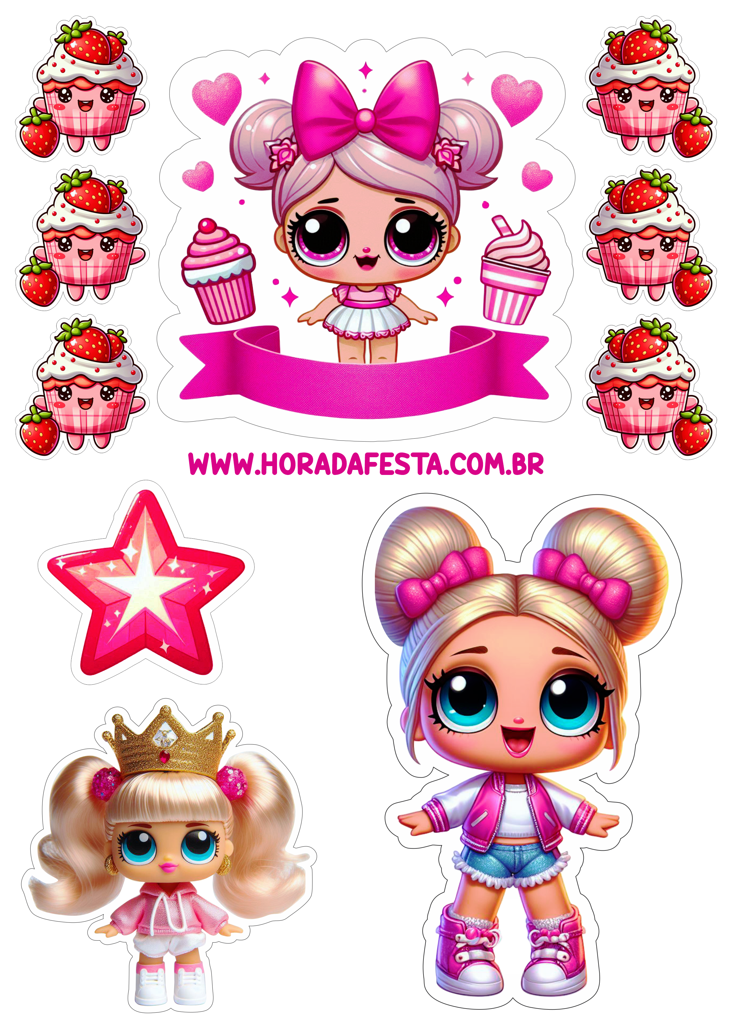 Topo de bolo infantil tema LOL Surprise bonequinhas fofinhas minha festa personalizada com estrelinhas topper cake free png