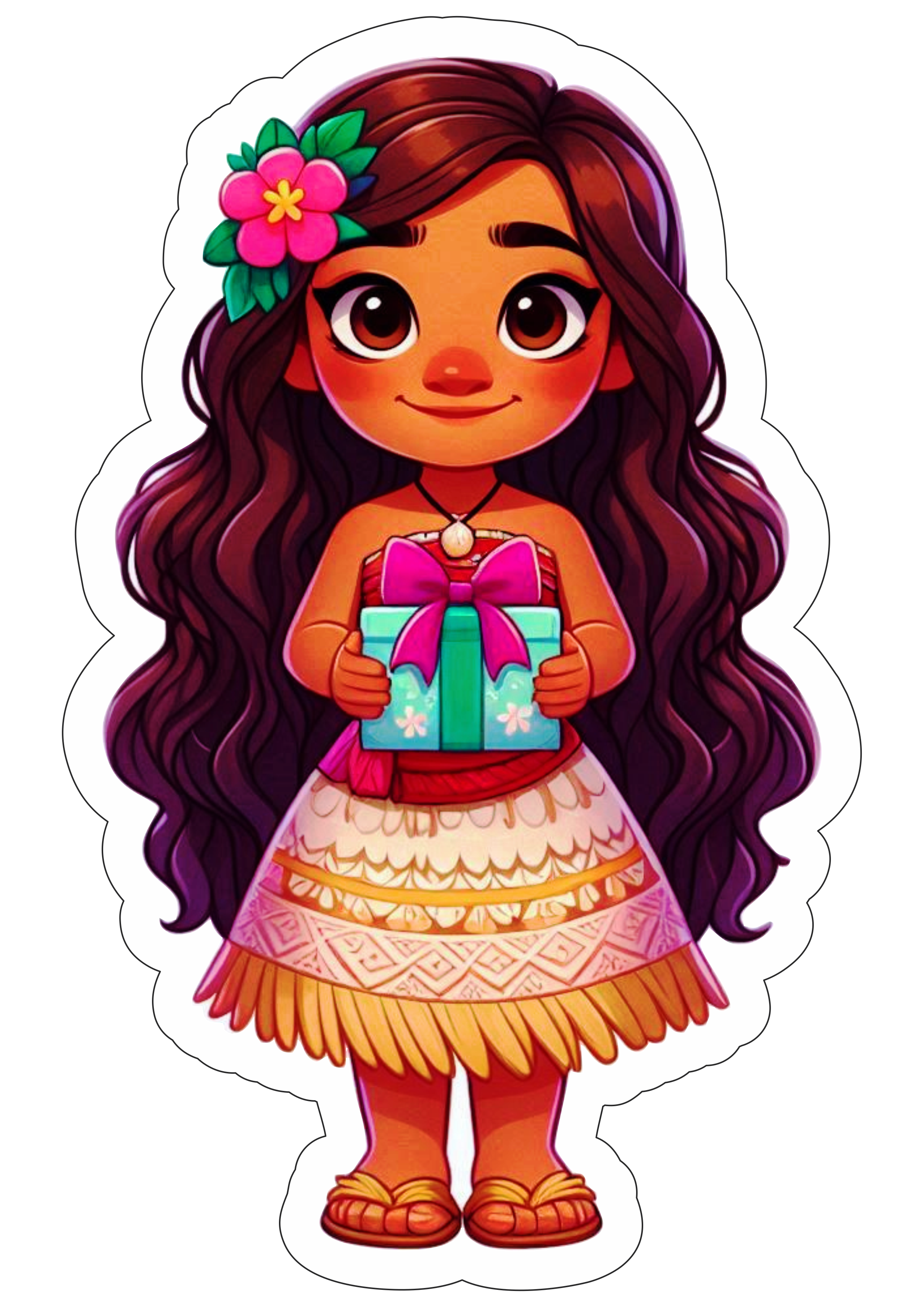 Aniversário infantil Moana segurando uma caixa de presente imagem desenho simples fofinho papelaria png