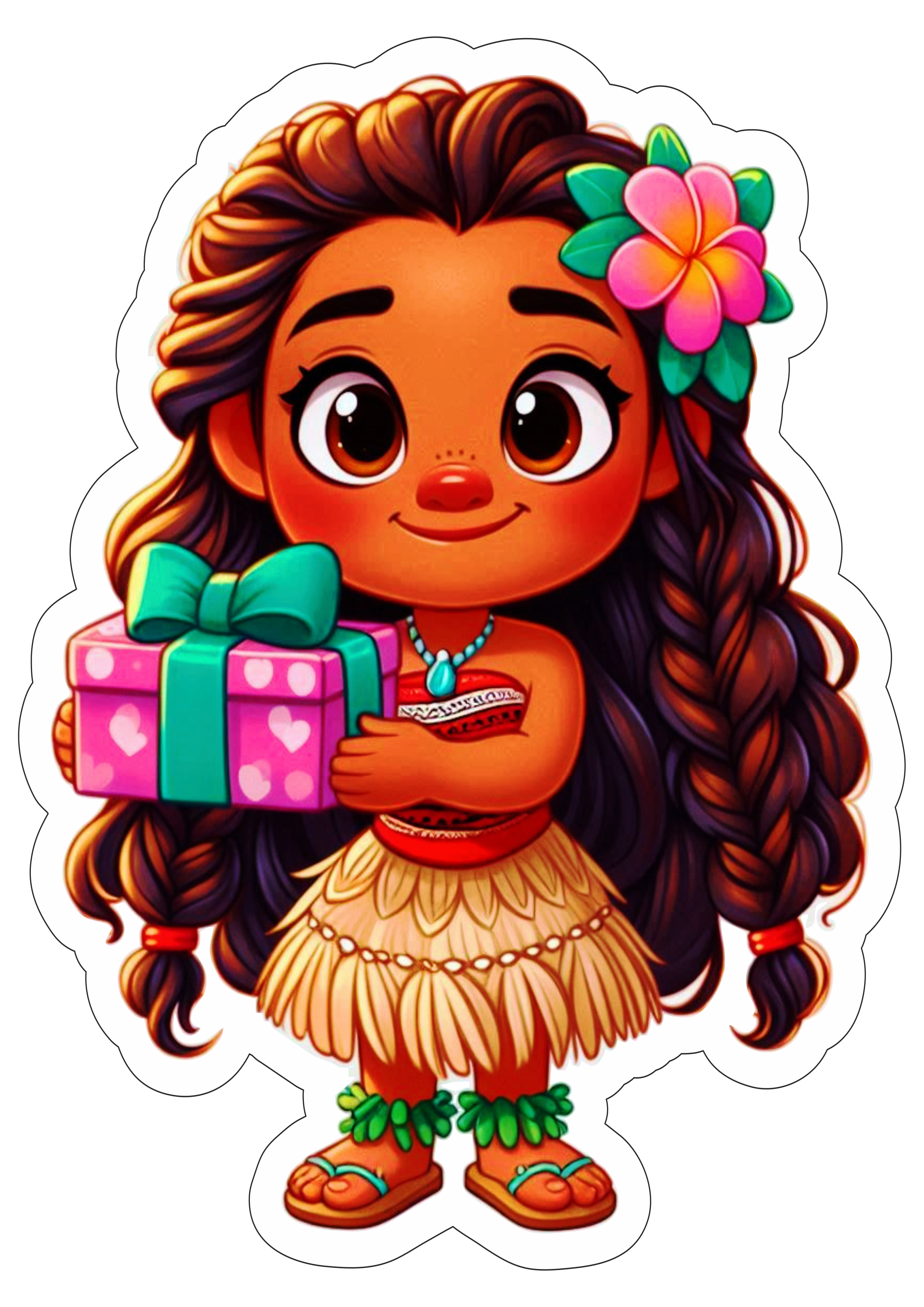 Aniversário infantil Moana desenho simples fofinho segurando uma caixa de presente png