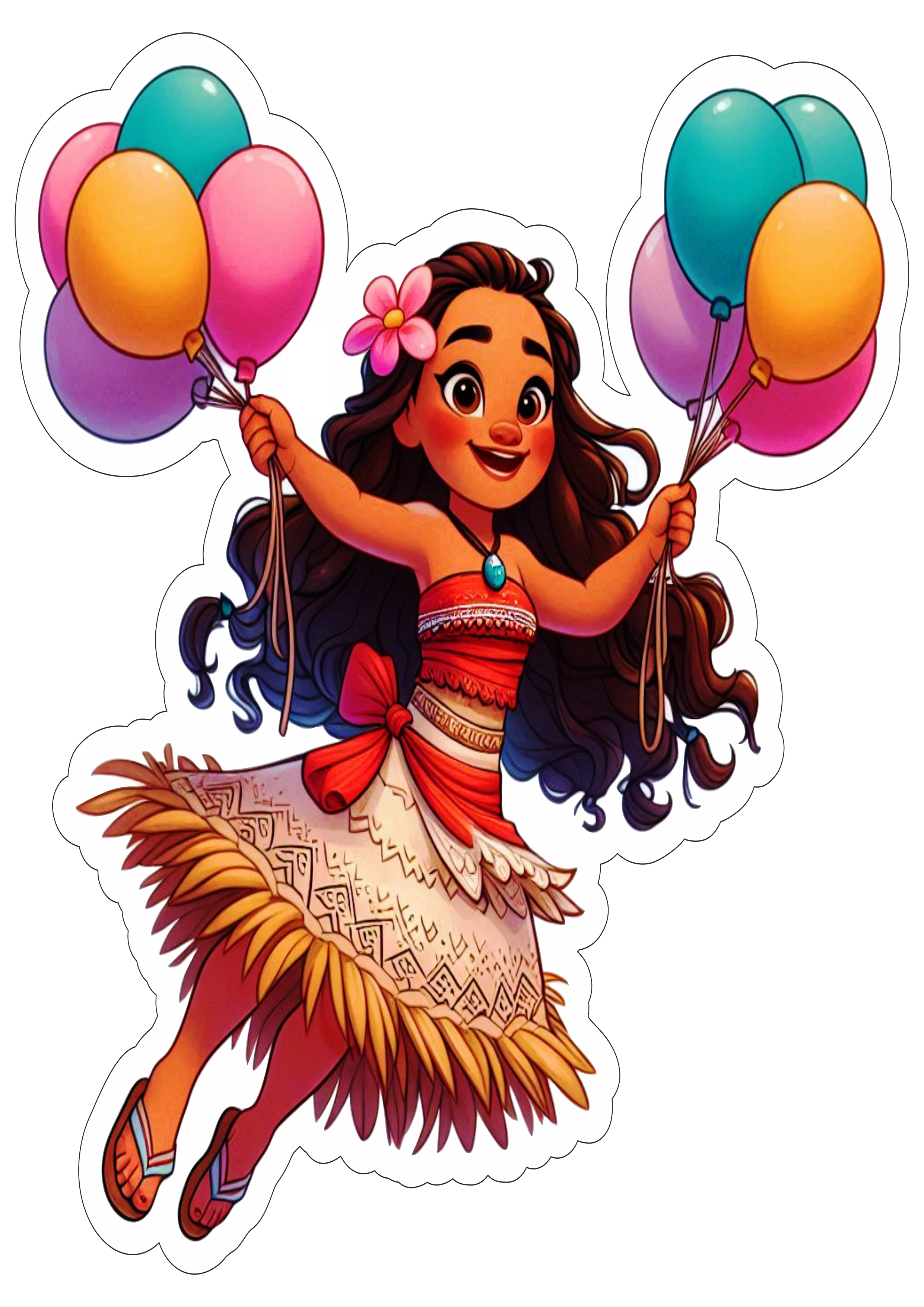 Aniversário infantil Moana desenho simples fofinho segurando balões de festa imagem com contorno png