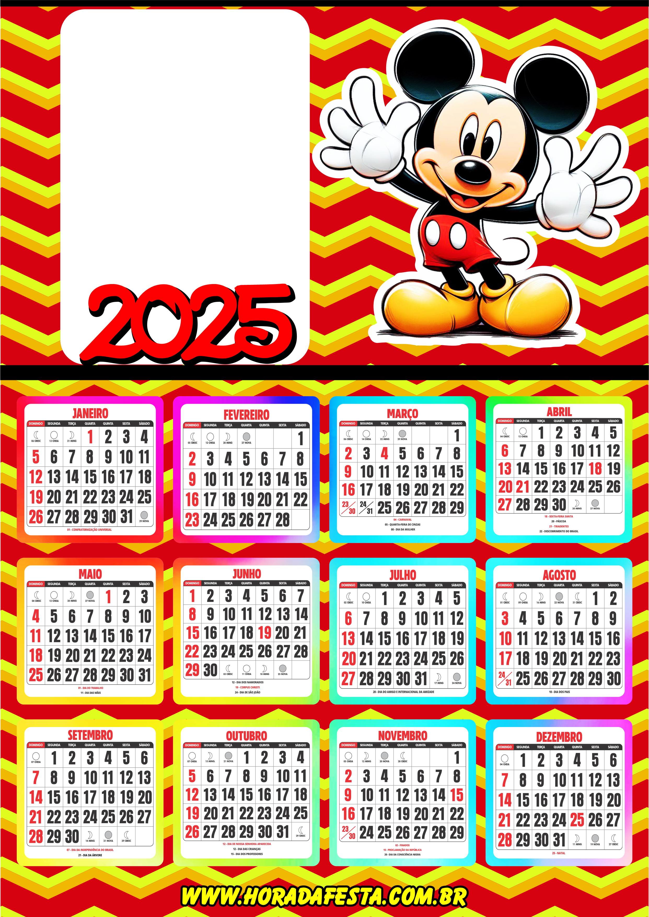 Calendário 2025 personalizado Mickey Mouse porta retrato infantil png