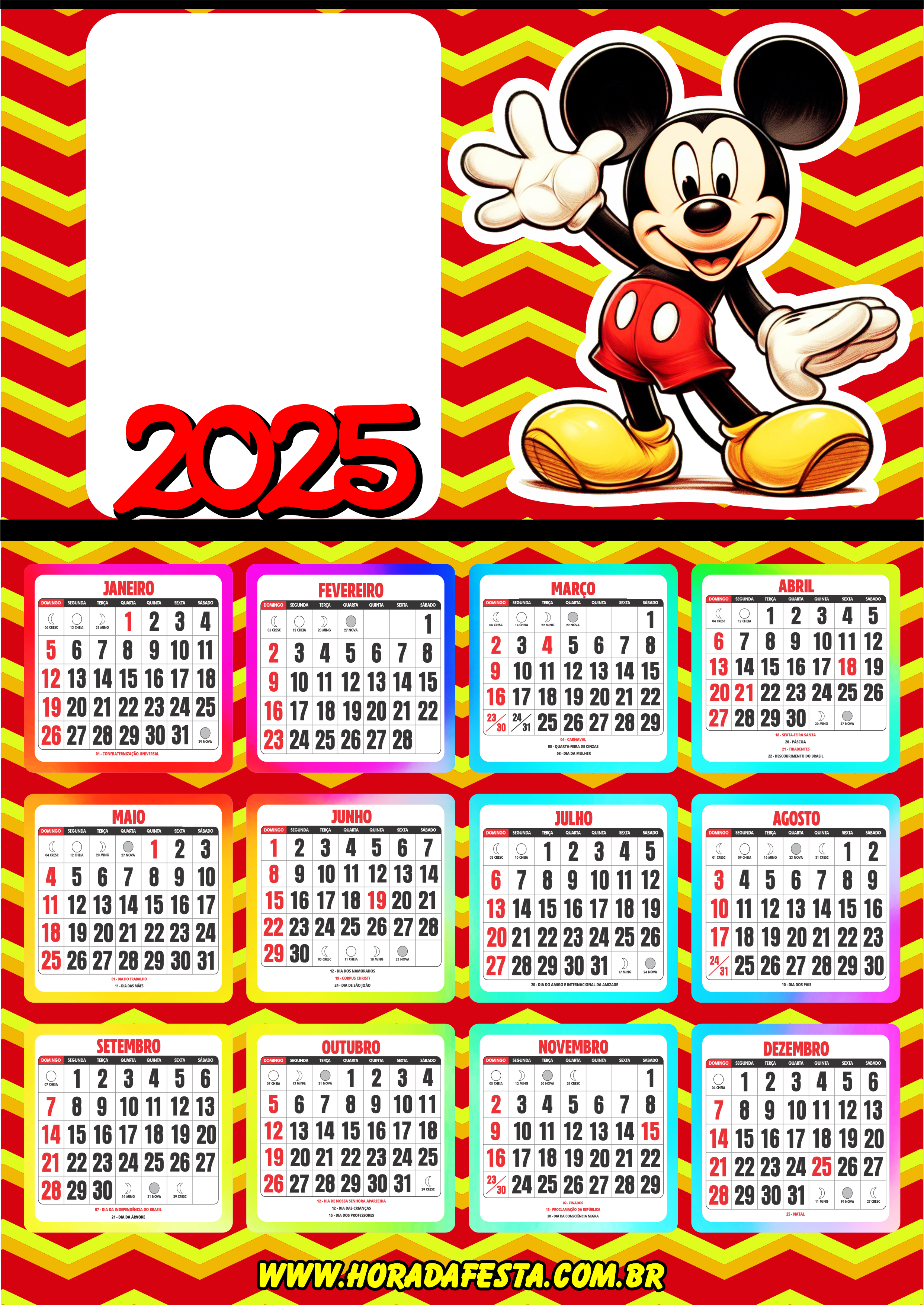 Calendário 2025 personalizado Mickey Mouse porta retrato infantil pronto para imprimir png