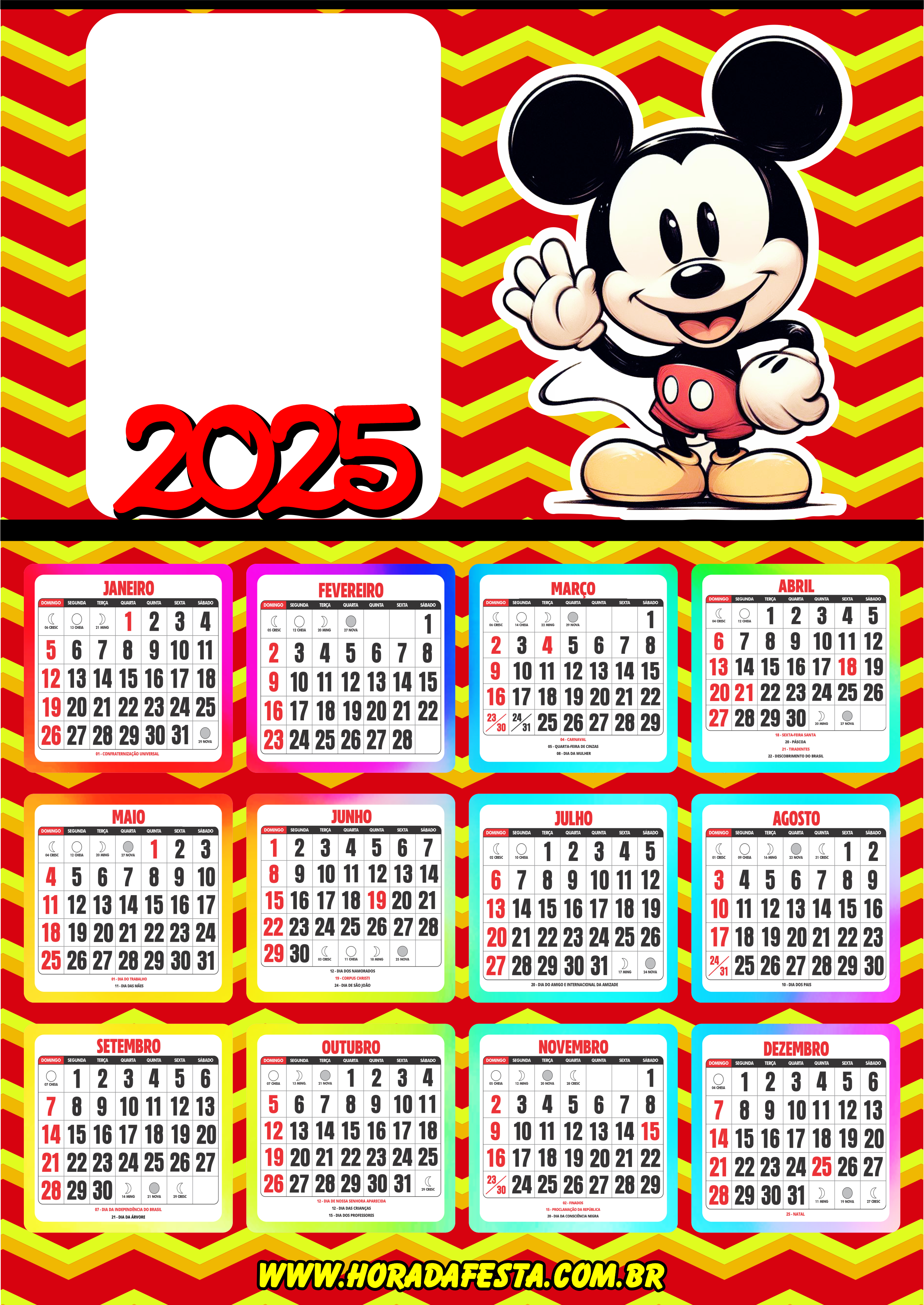 Calendário 2025 personalizado Mickey Mouse porta retrato infantil pronto para imprimir papelaria criativa disney png