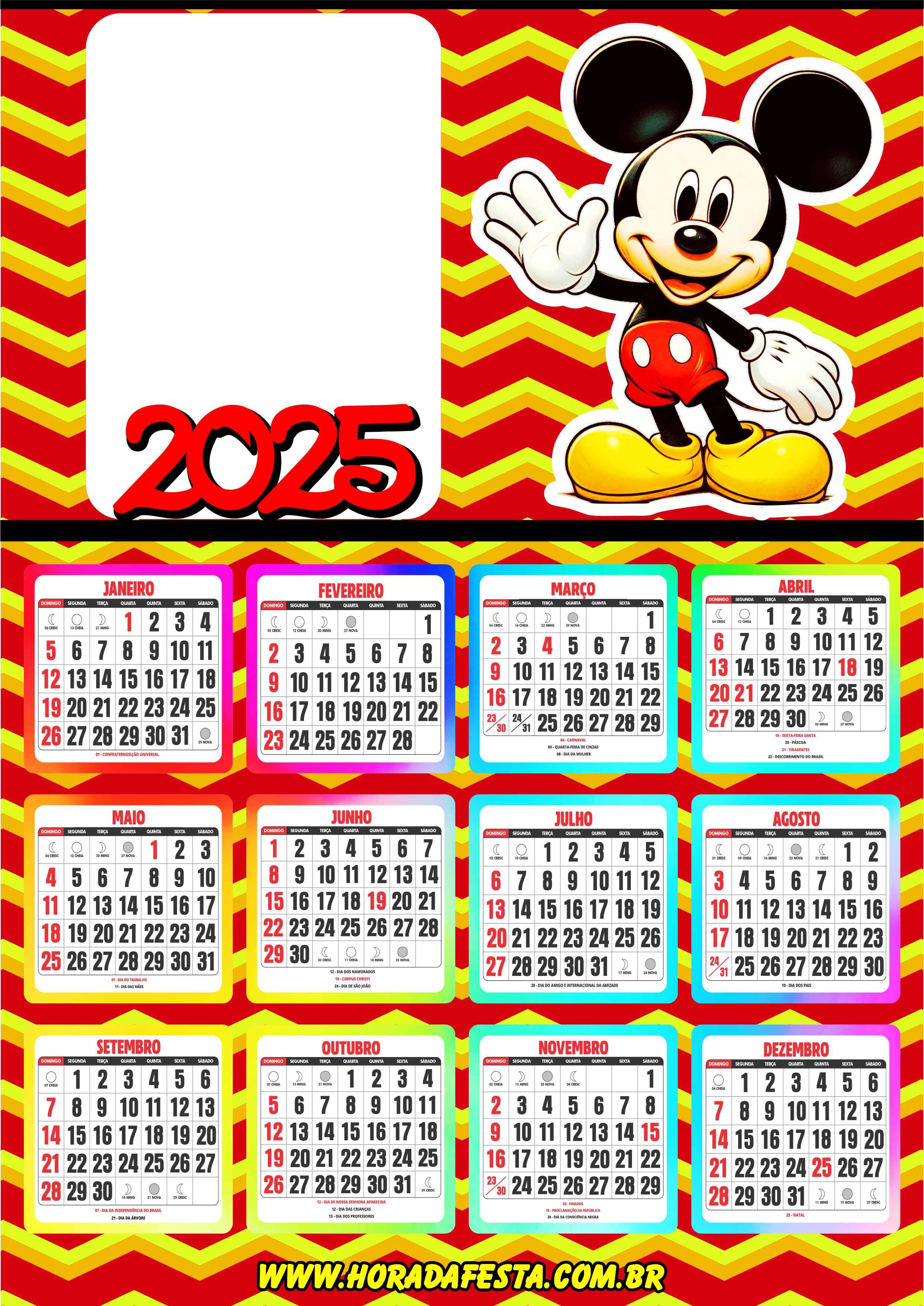 Calendário 2025 personalizado Mickey Mouse porta retrato infantil pronto para imprimir papelaria criativa png