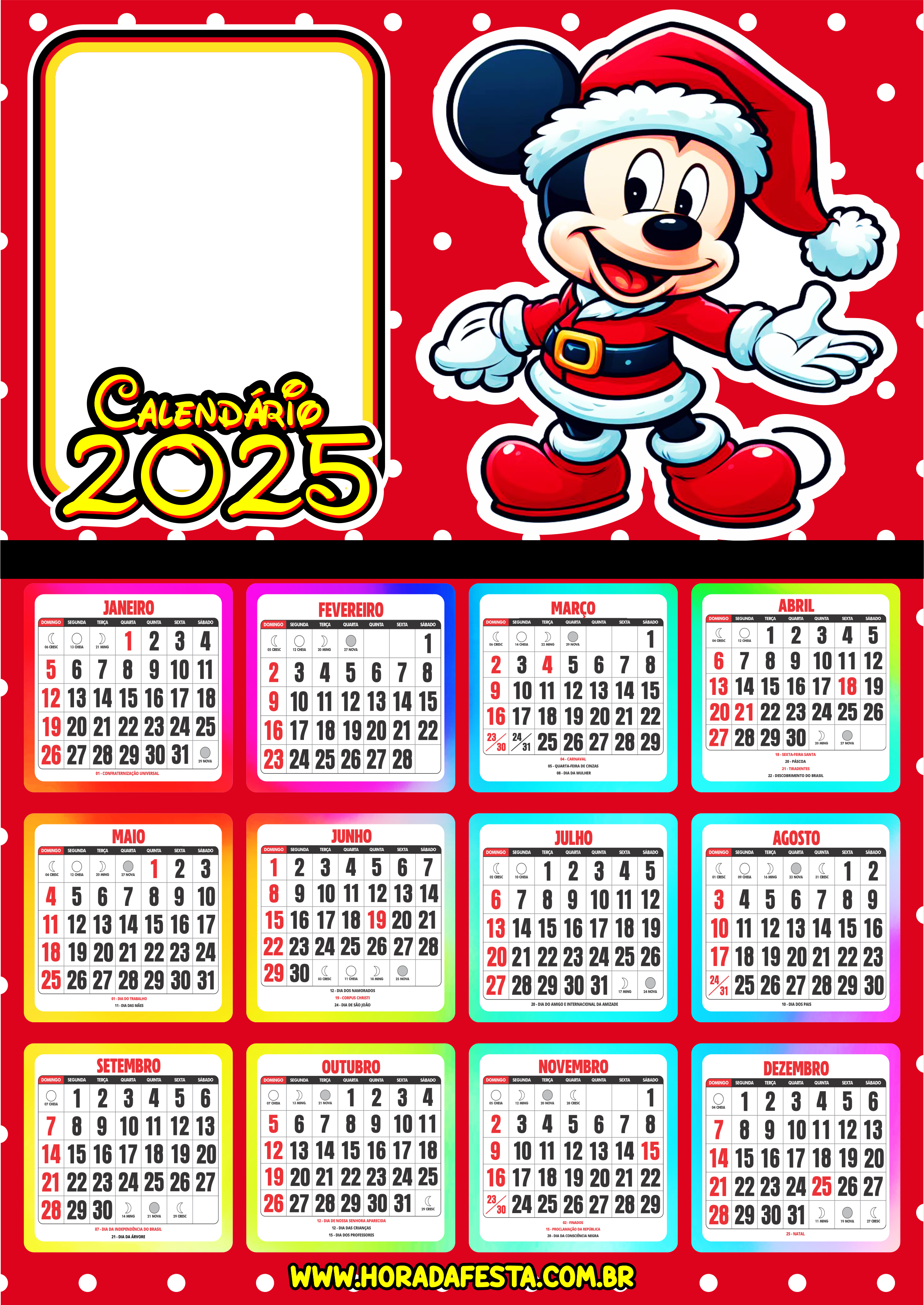 Calendário 2025 personalizado Mickey Mouse porta retrato infantil Natal png