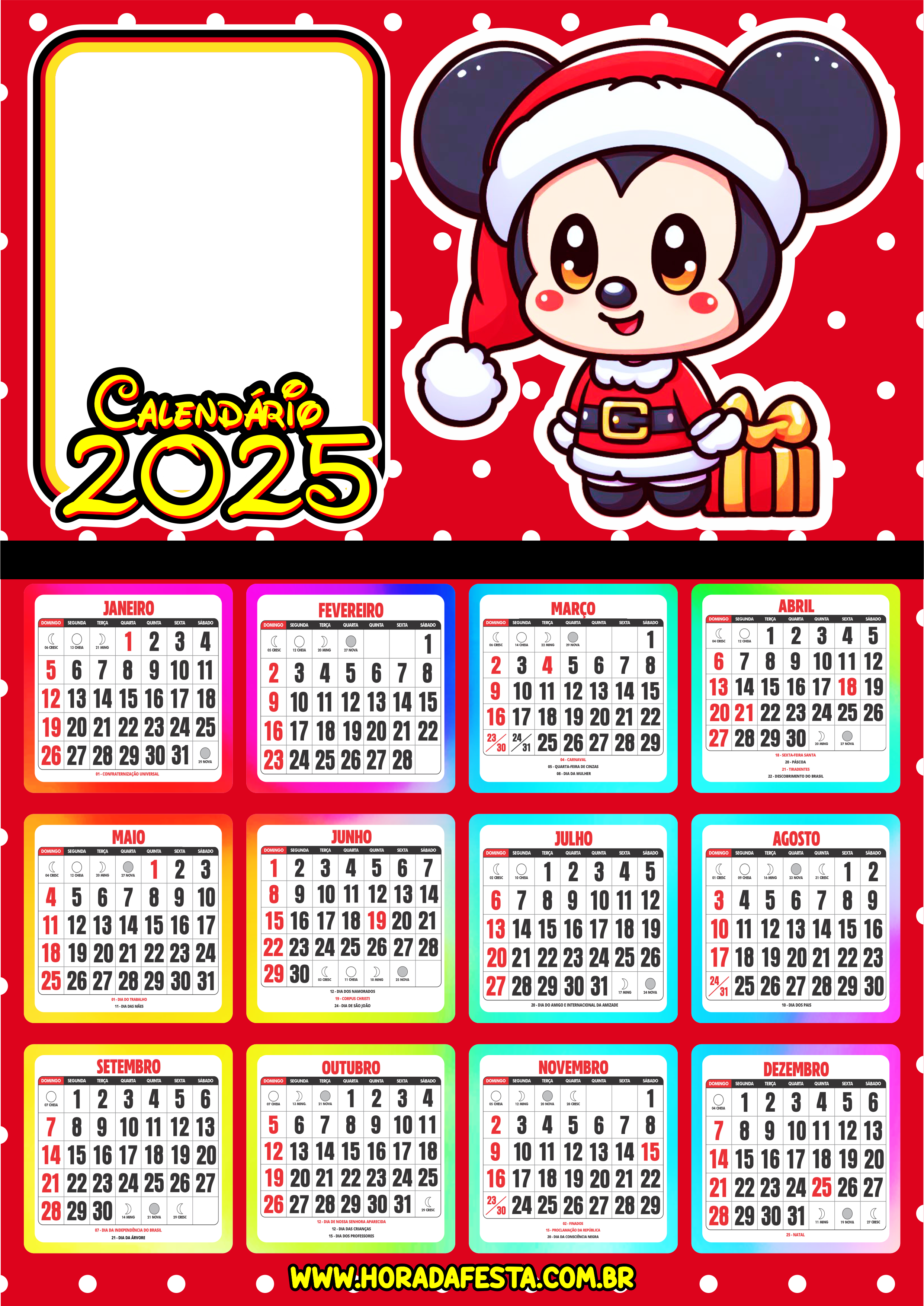 Calendário 2025 personalizado Mickey Mouse porta retrato infantil Natal personagem png