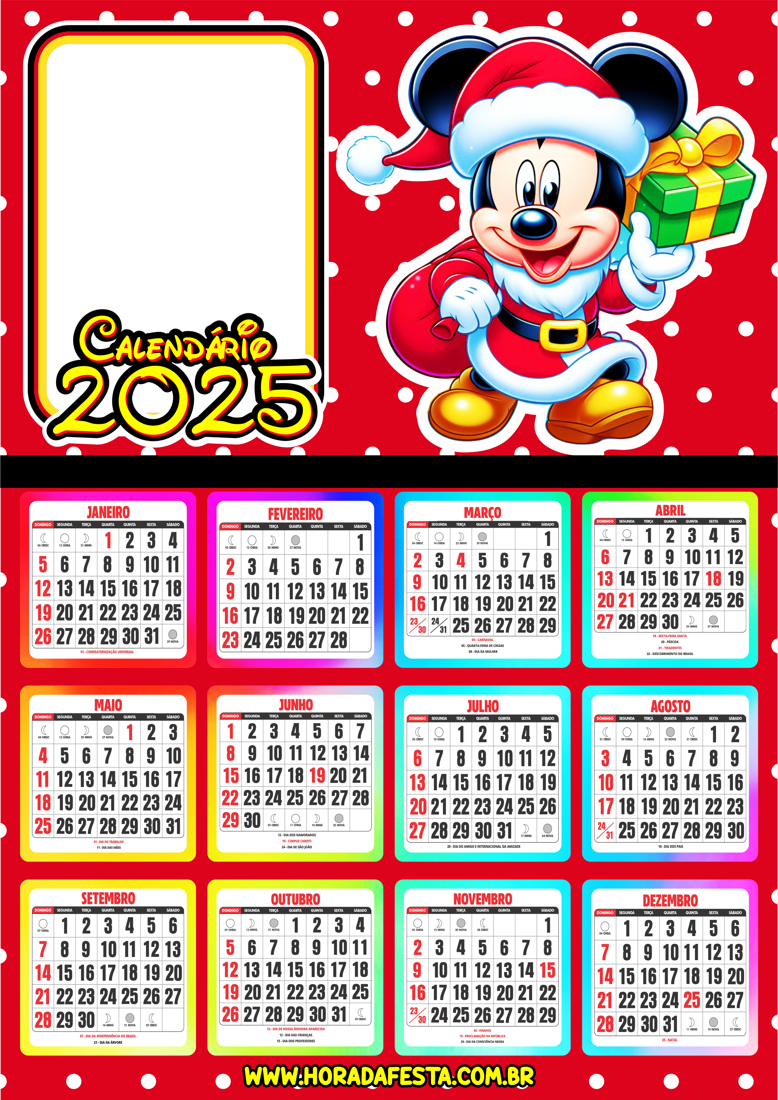 Calendário 2025 personalizado Mickey Mouse porta retrato infantil Natal personagem fictício artes gráficas png