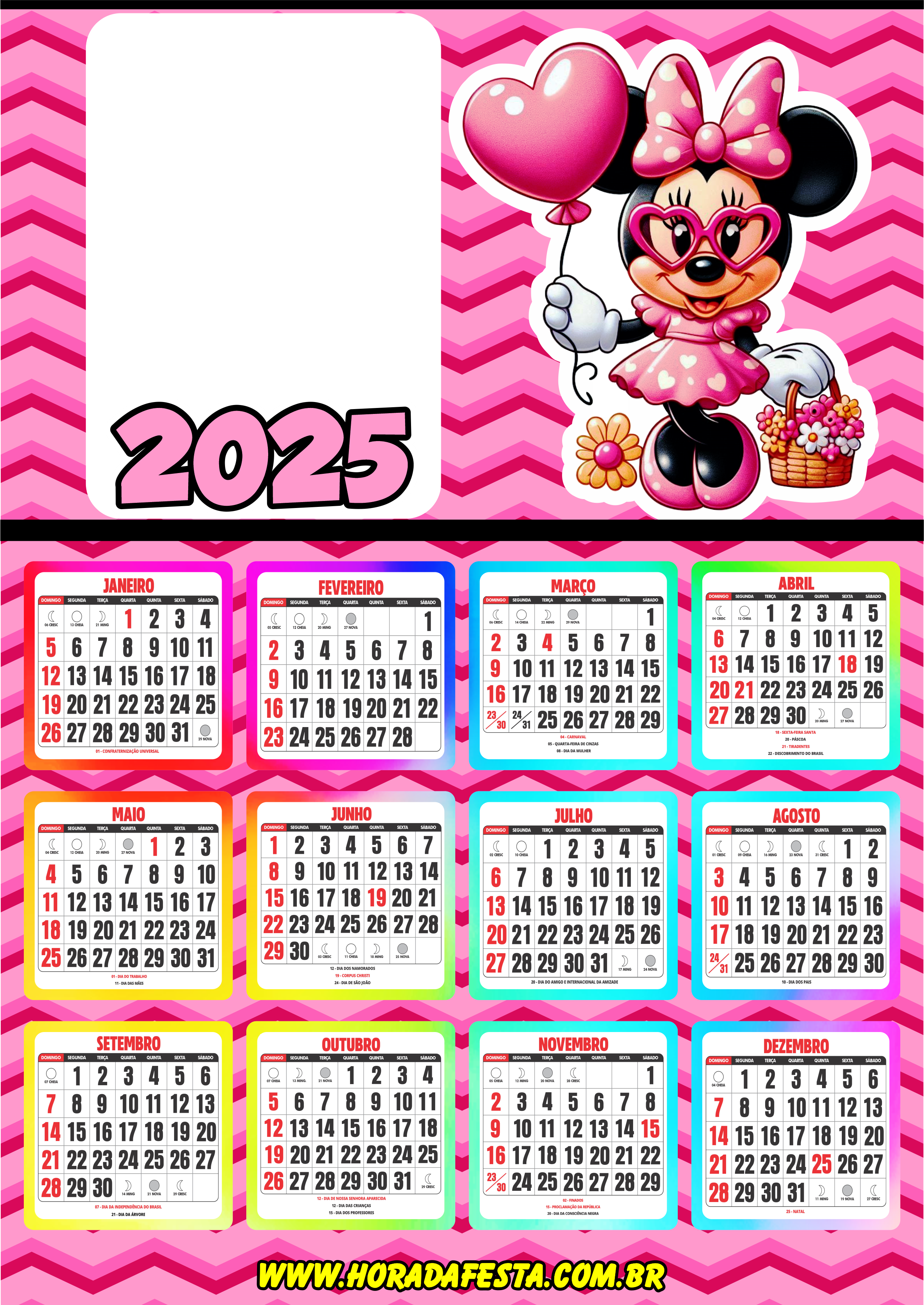 Calendário 2025 personalizado Minnie Mouse porta retrato infantil personagem fictício artes gráficas png