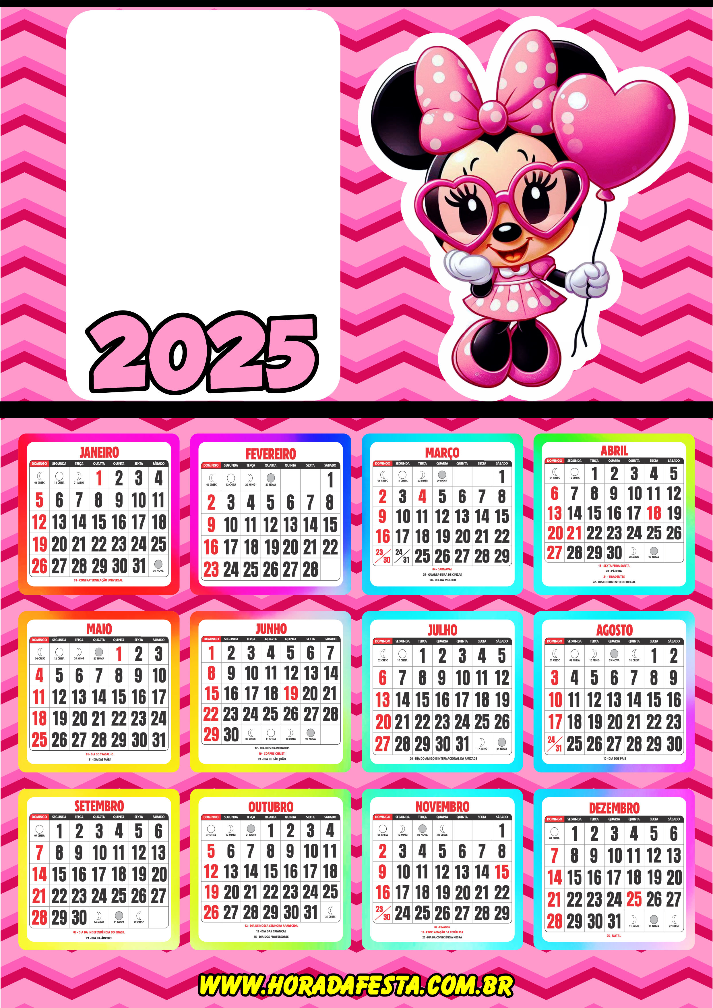 Calendário 2025 personalizado Minnie Mouse porta retrato infantil personagem fictício artes gráficas Disney png