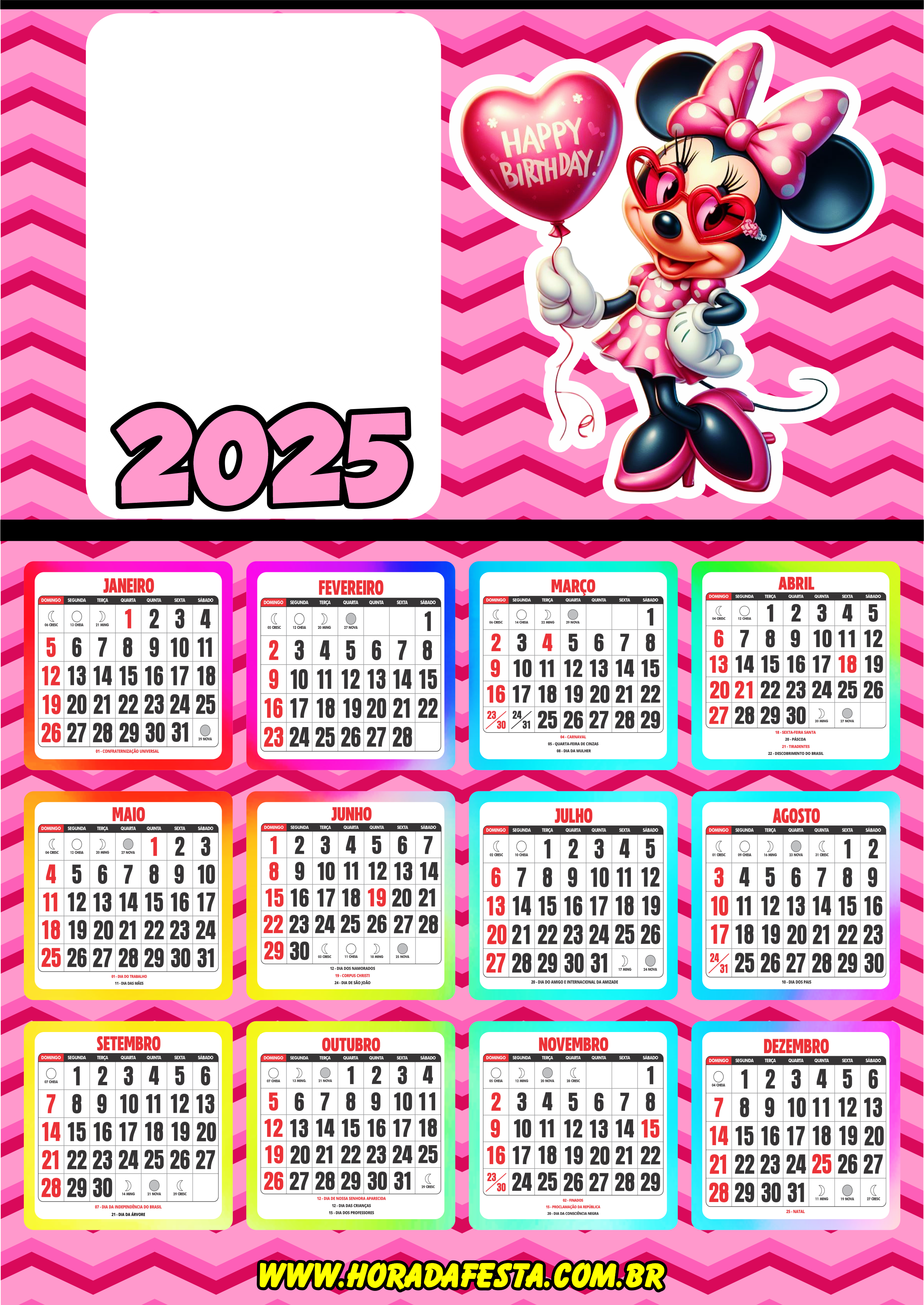 Calendário 2025 personalizado Minnie Mouse porta retrato infantil personagem fictício artes gráficas Disney happy birthday png