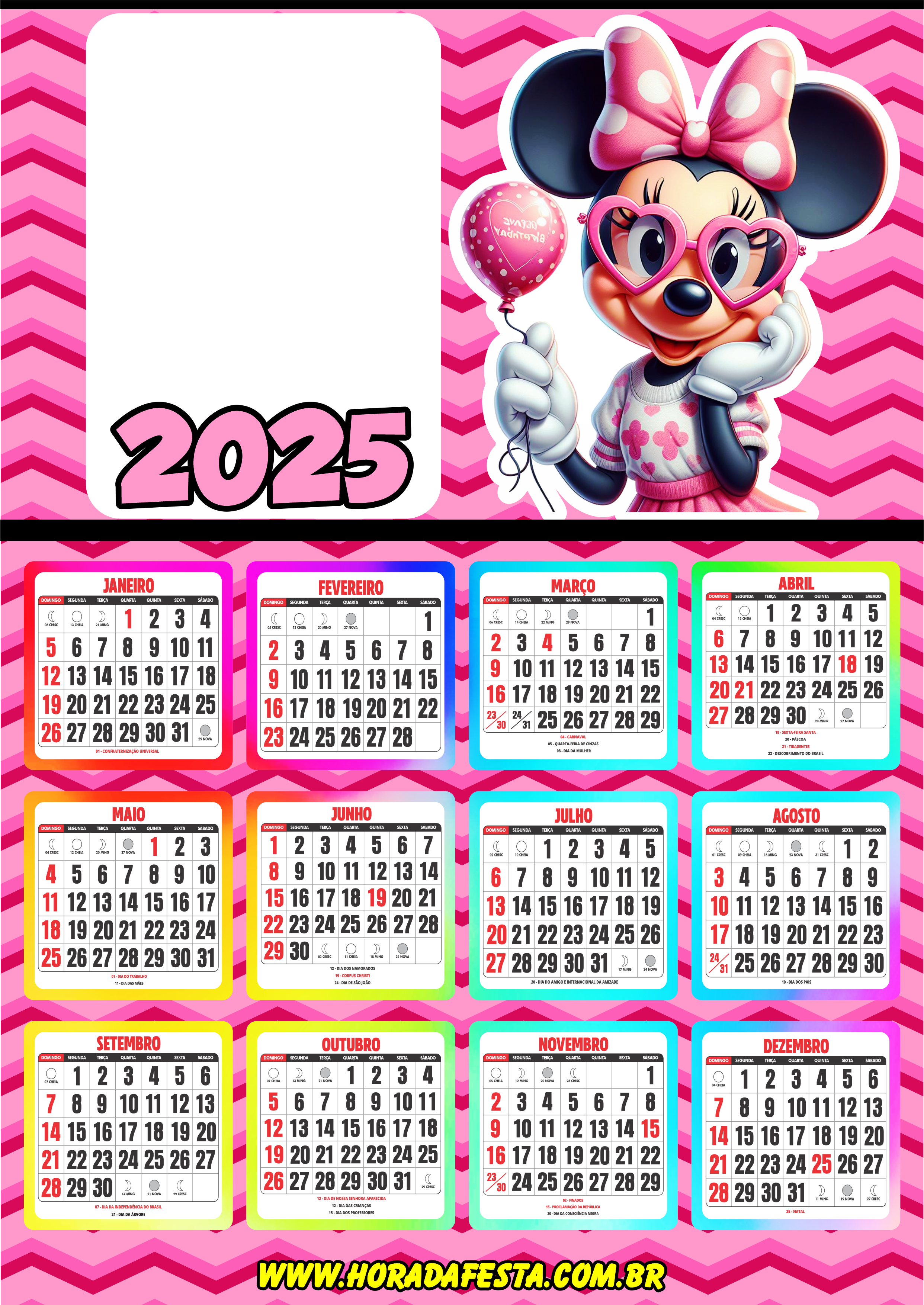 Calendário 2025 personalizado Minnie Mouse porta retrato infantil personagem fictício artes gráficas Disney happy birthday free png