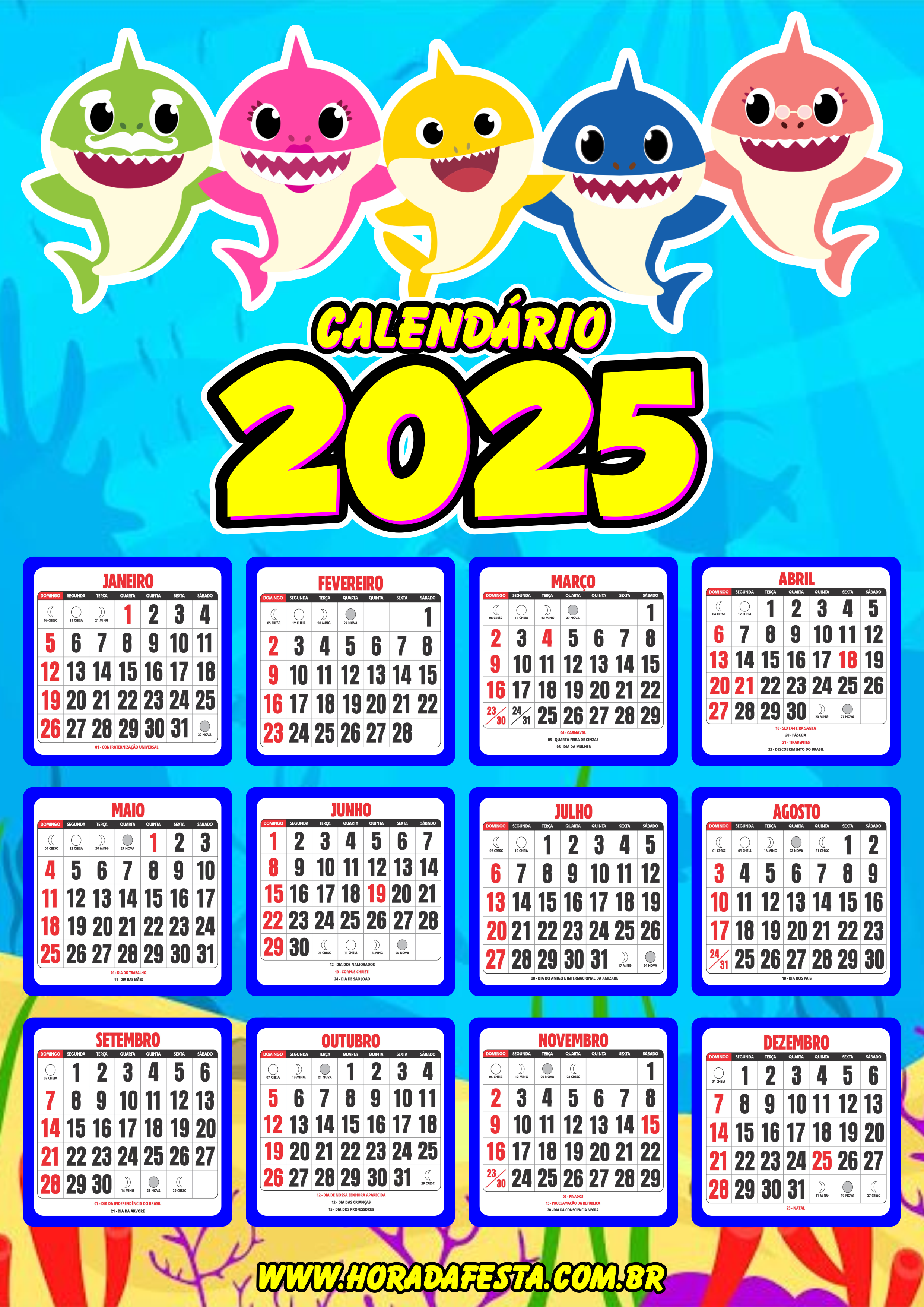 Calendário 2025 Baby Shark personalizado png