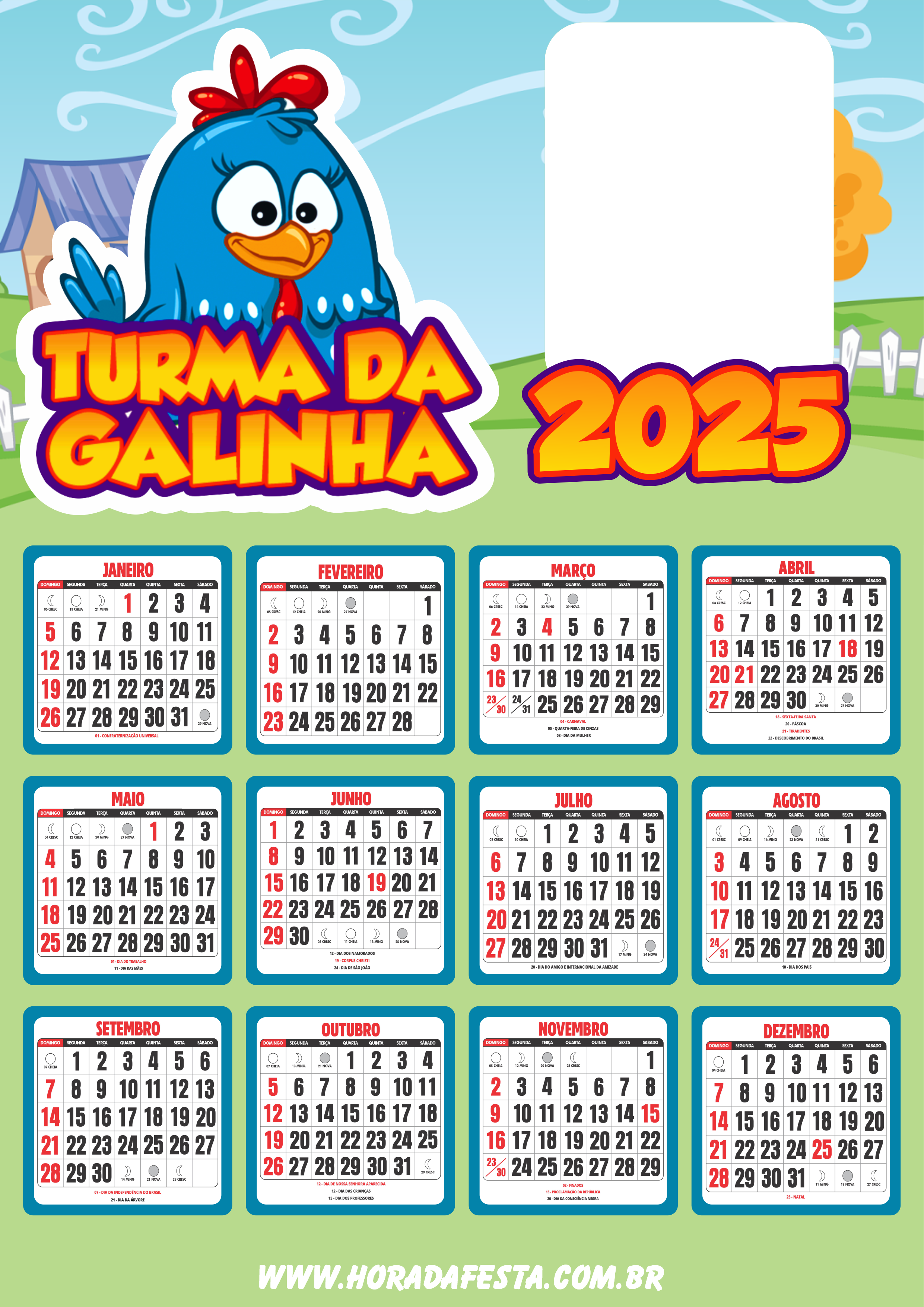 Calendário 2025 galinha pintadinha personalizado com foto pronto para imprimir turma da galinha png