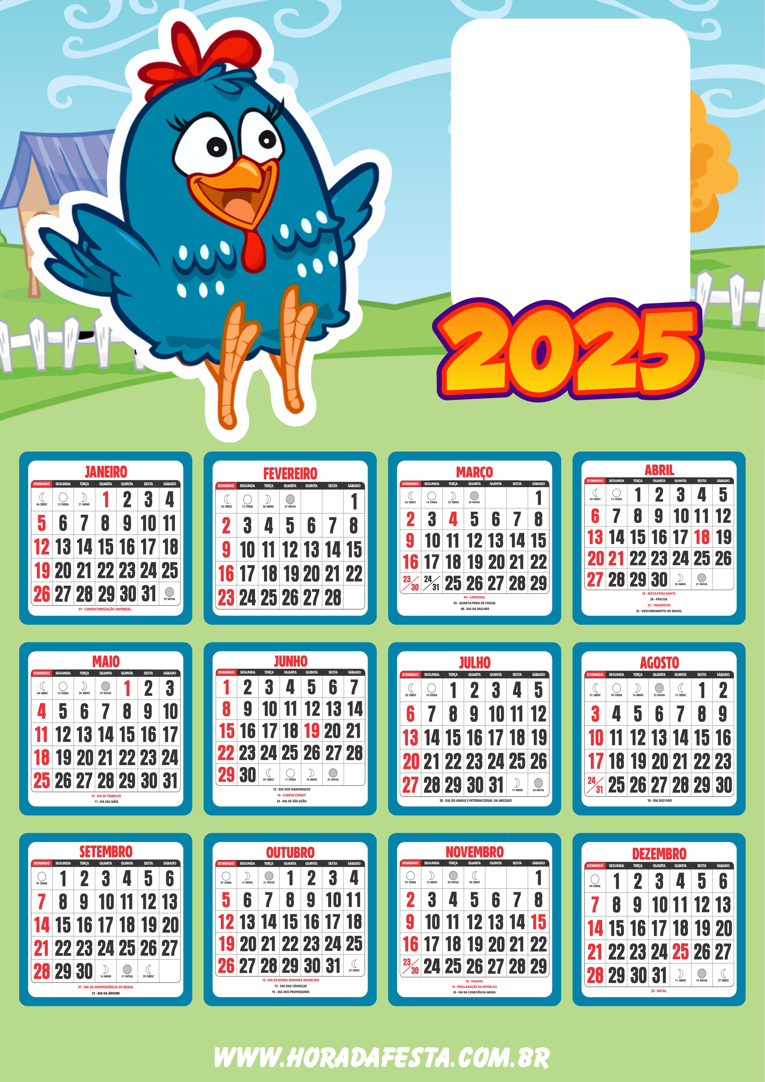 Calendário 2025 galinha pintadinha personalizado com foto pronto para imprimir turma da galinha animação png