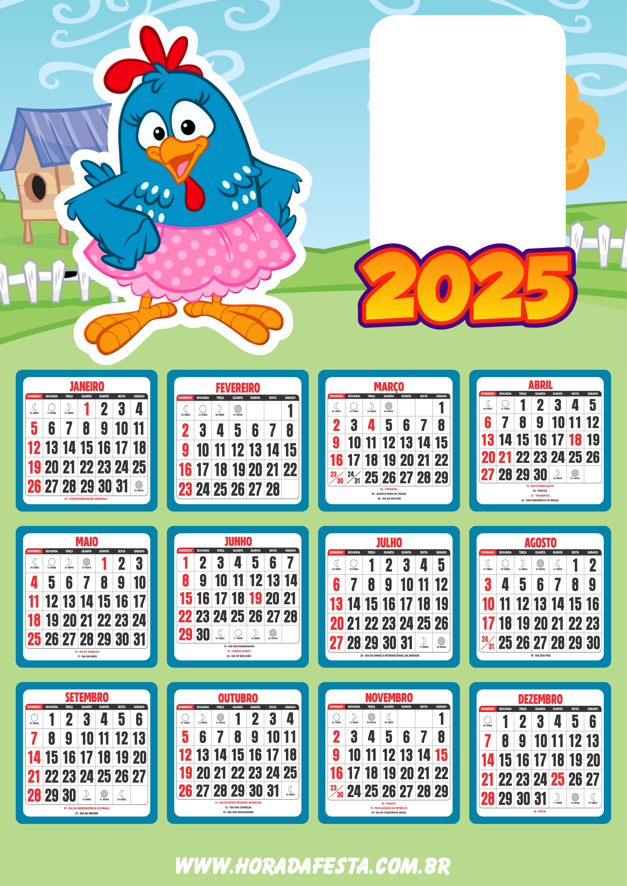 Calendário 2025 galinha pintadinha personalizado com foto pronto para imprimir turma da galinha animação infantil png