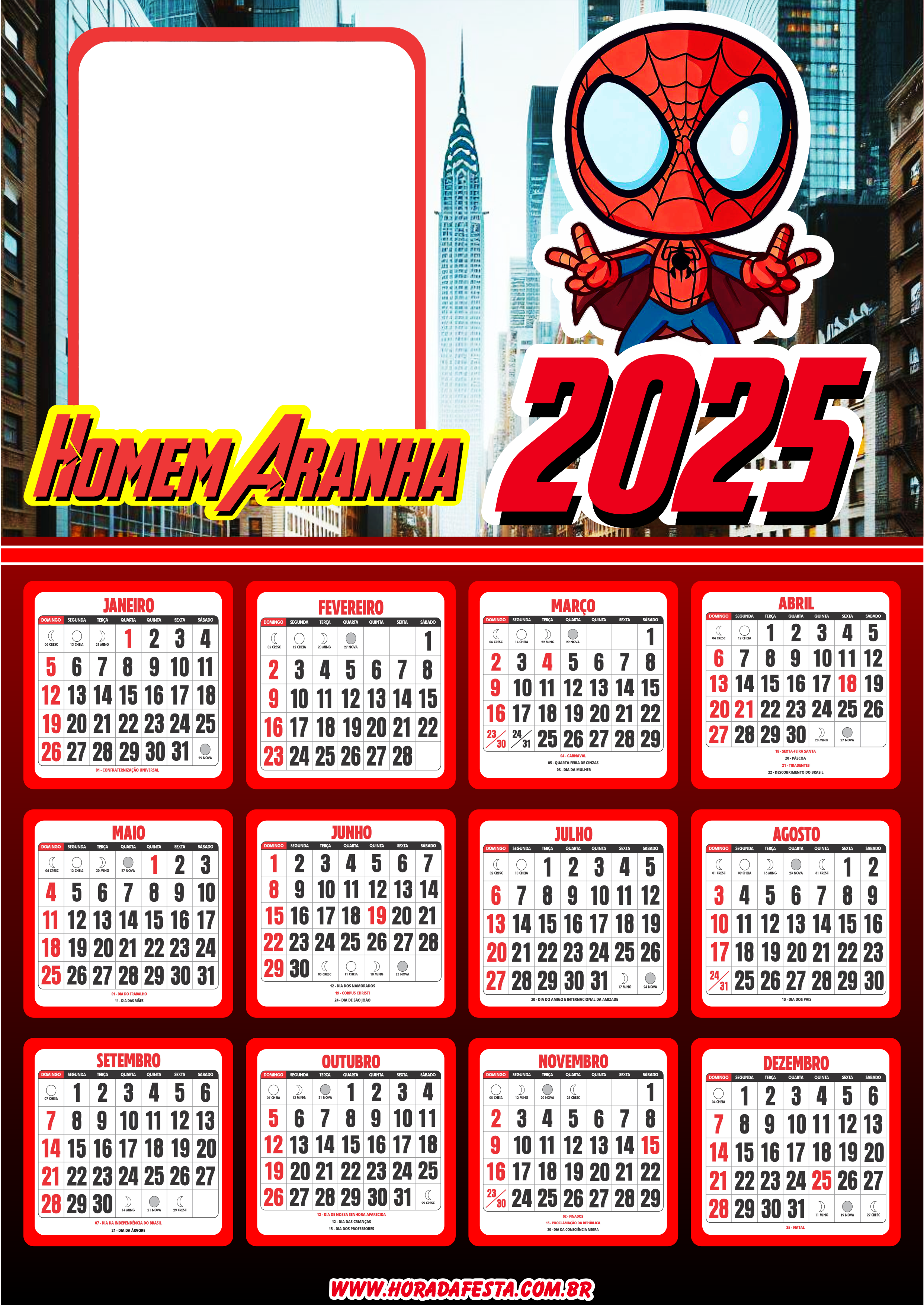 Calendário 2025 personalizado Homem-Aranha porta retrato png