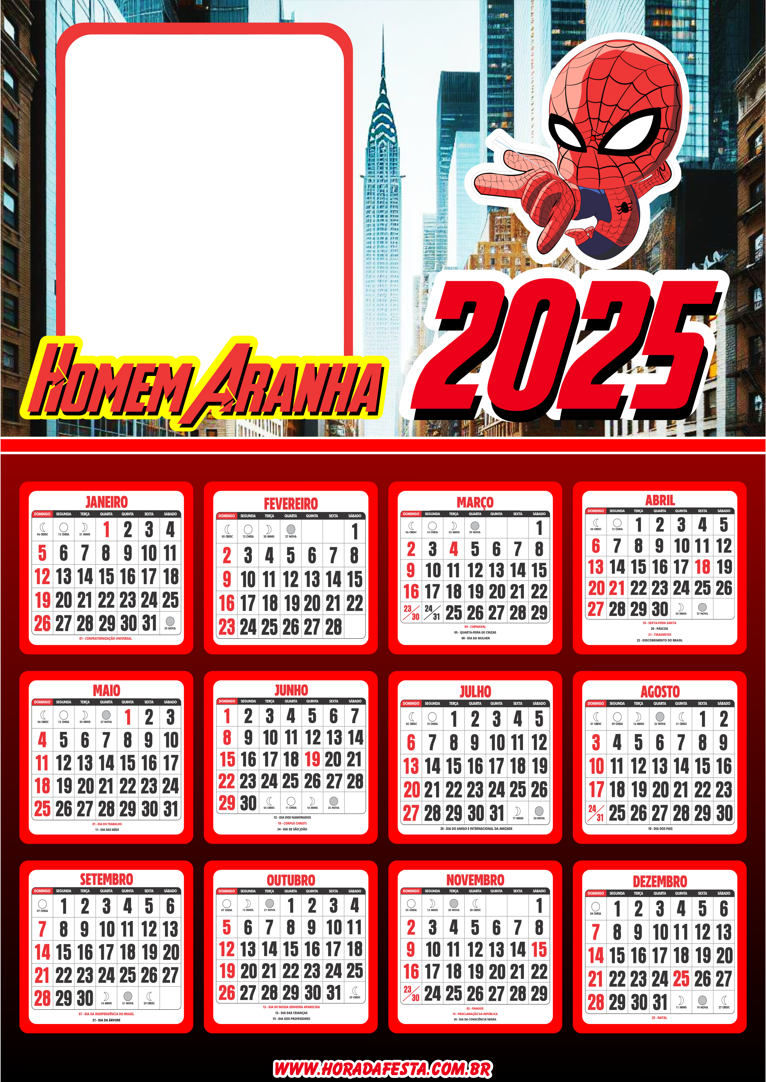 Calendário 2025 personalizado Homem-Aranha porta retrato spider-man png