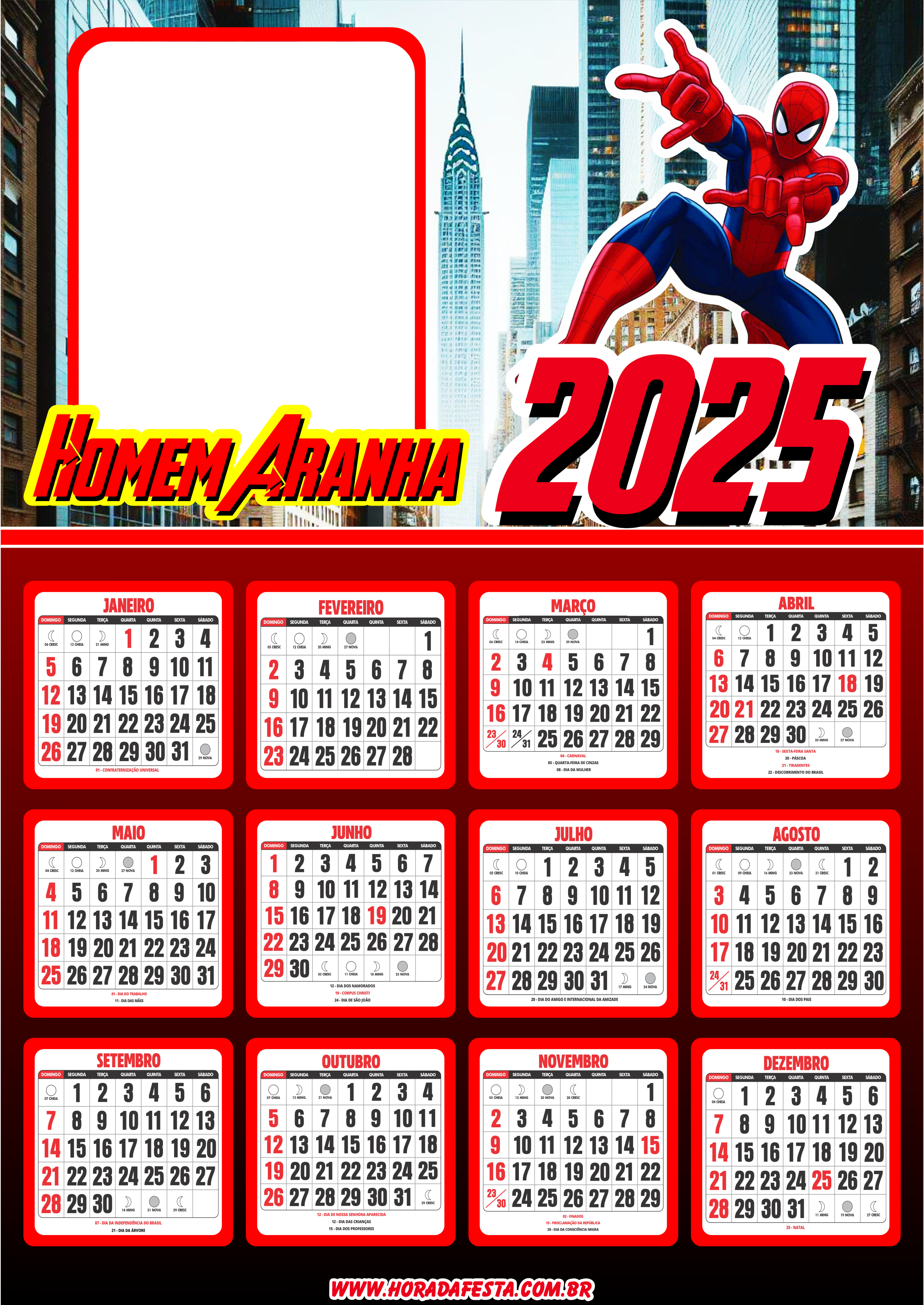 Calendário 2025 personalizado Homem-Aranha porta retrato spider-man super herói png