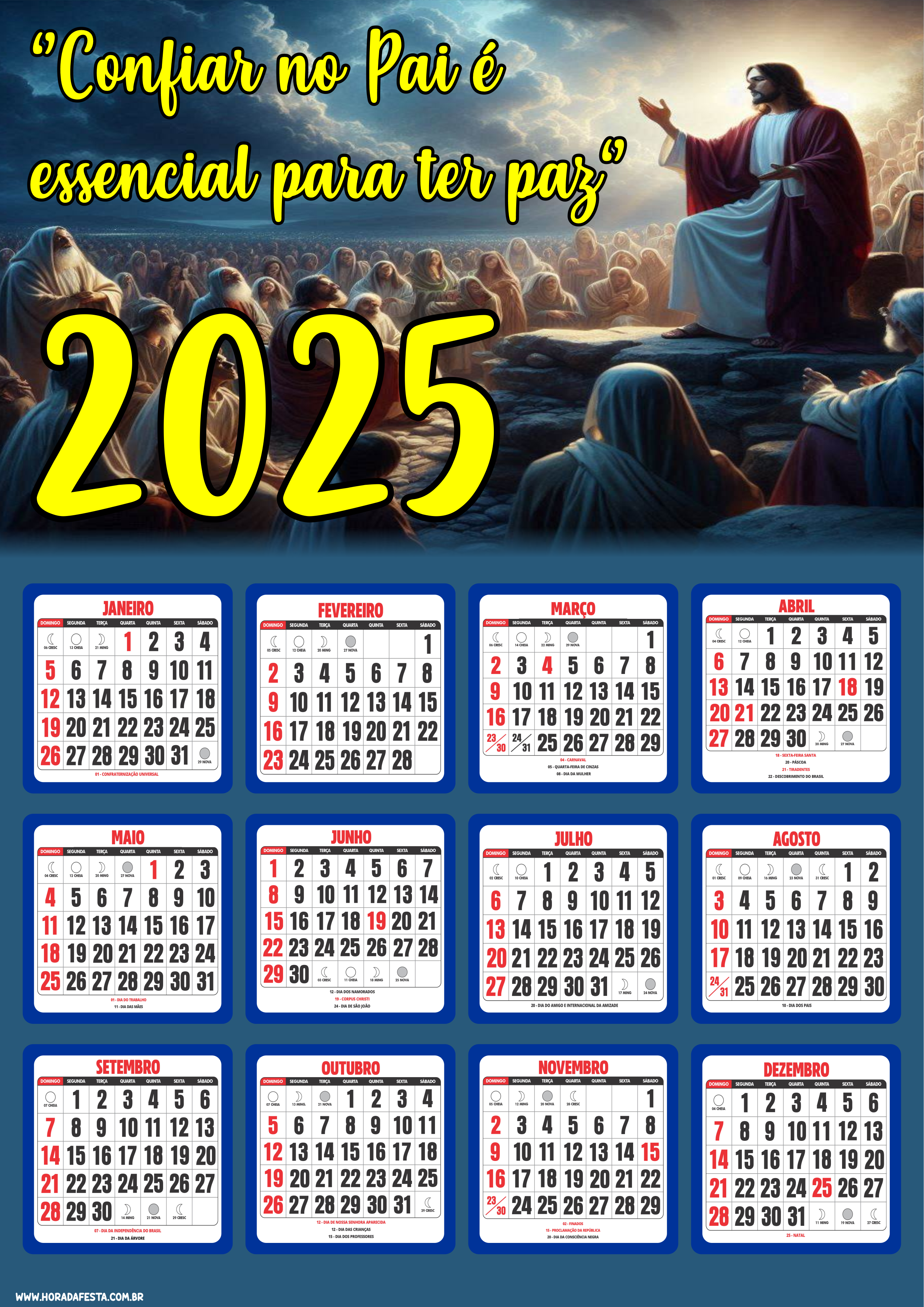 Calendário 2025 personalizado religioso com frase confiar no pai é essencial para ter paz Jesus Cristo é o Senhor png