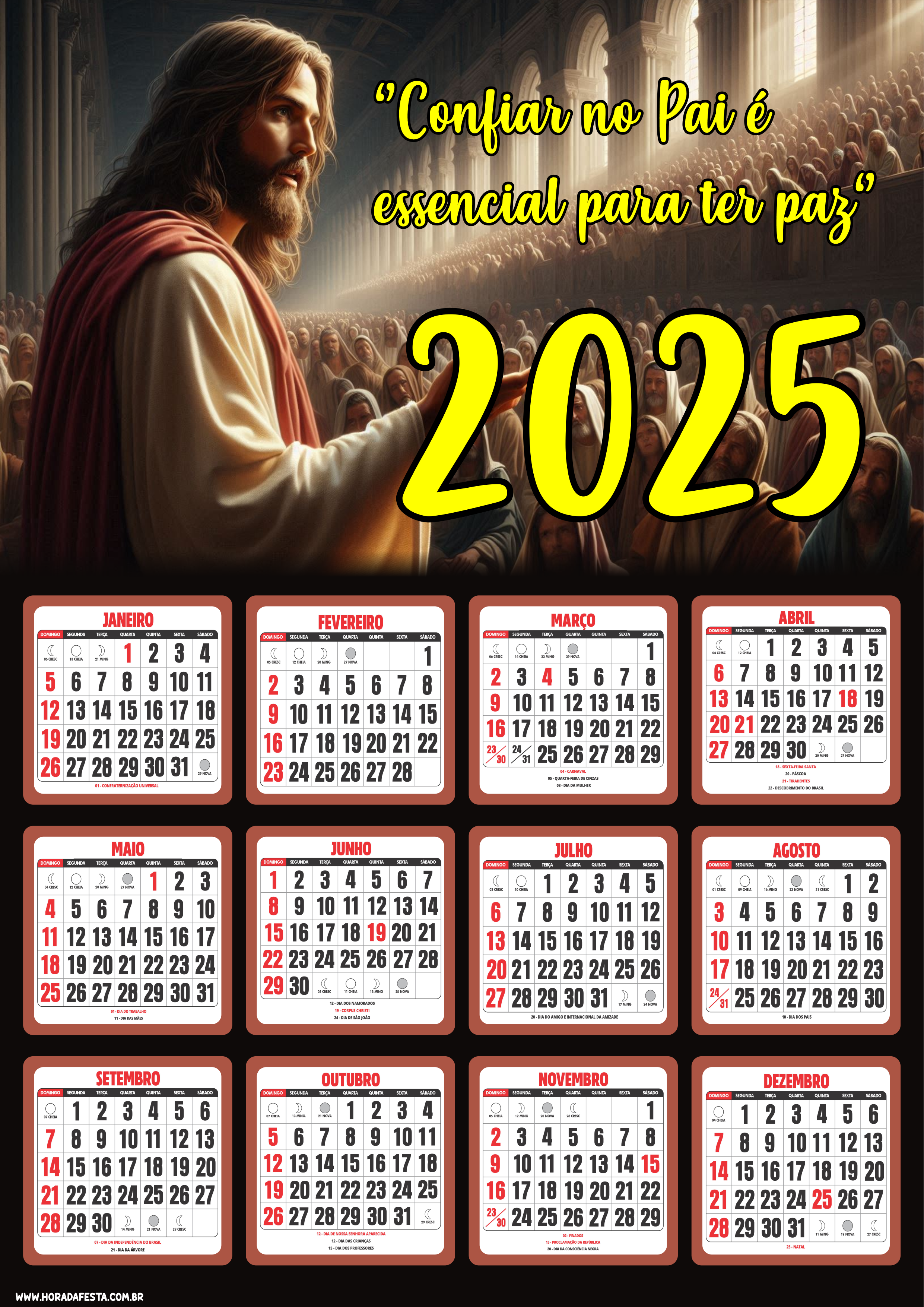 Calendário 2025 personalizado religioso com frase confiar no pai é essencial para ter paz Jesus Cristo é o Senhor igreja png