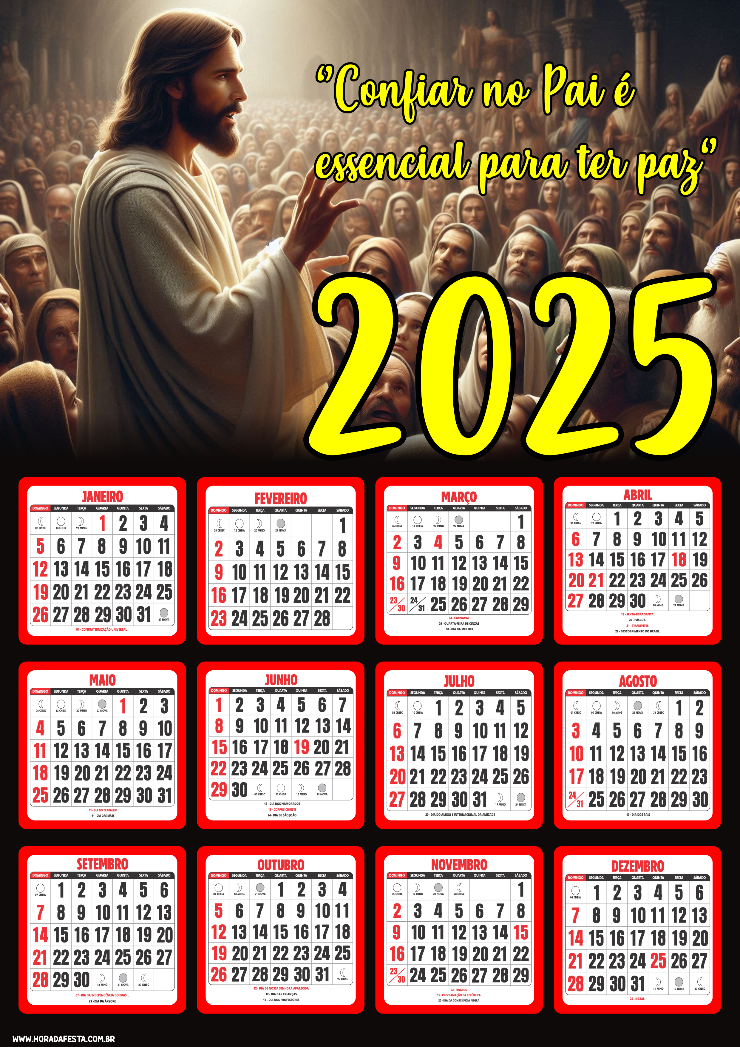 Calendário 2025 personalizado religioso com frase confiar no pai é essencial para ter paz Jesus Cristo é o Senhor igreja bíblia png