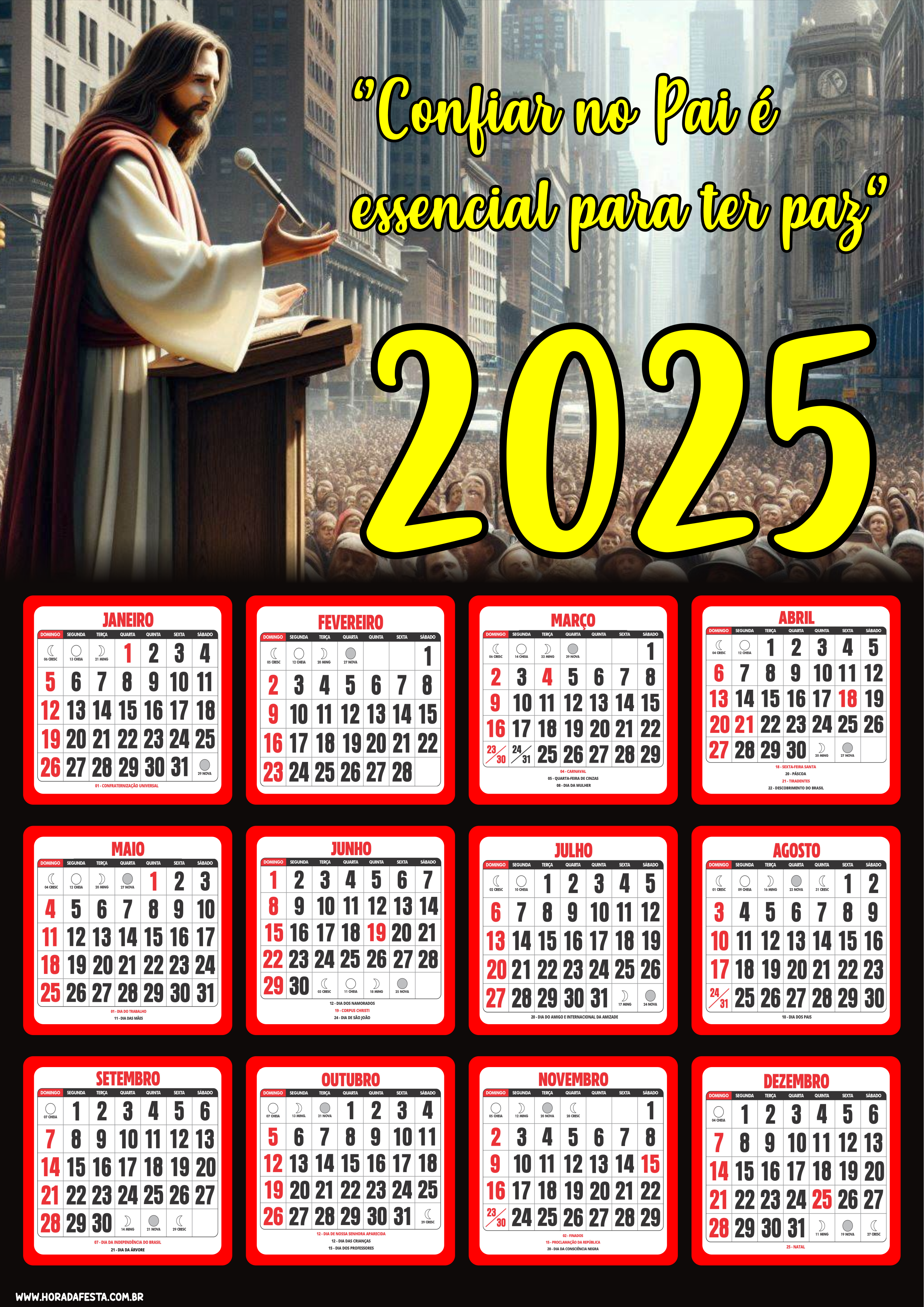 Calendário 2025 personalizado religioso com frase confiar no pai é essencial para ter paz Jesus Cristo é o Senhor igreja bíblia Deus png