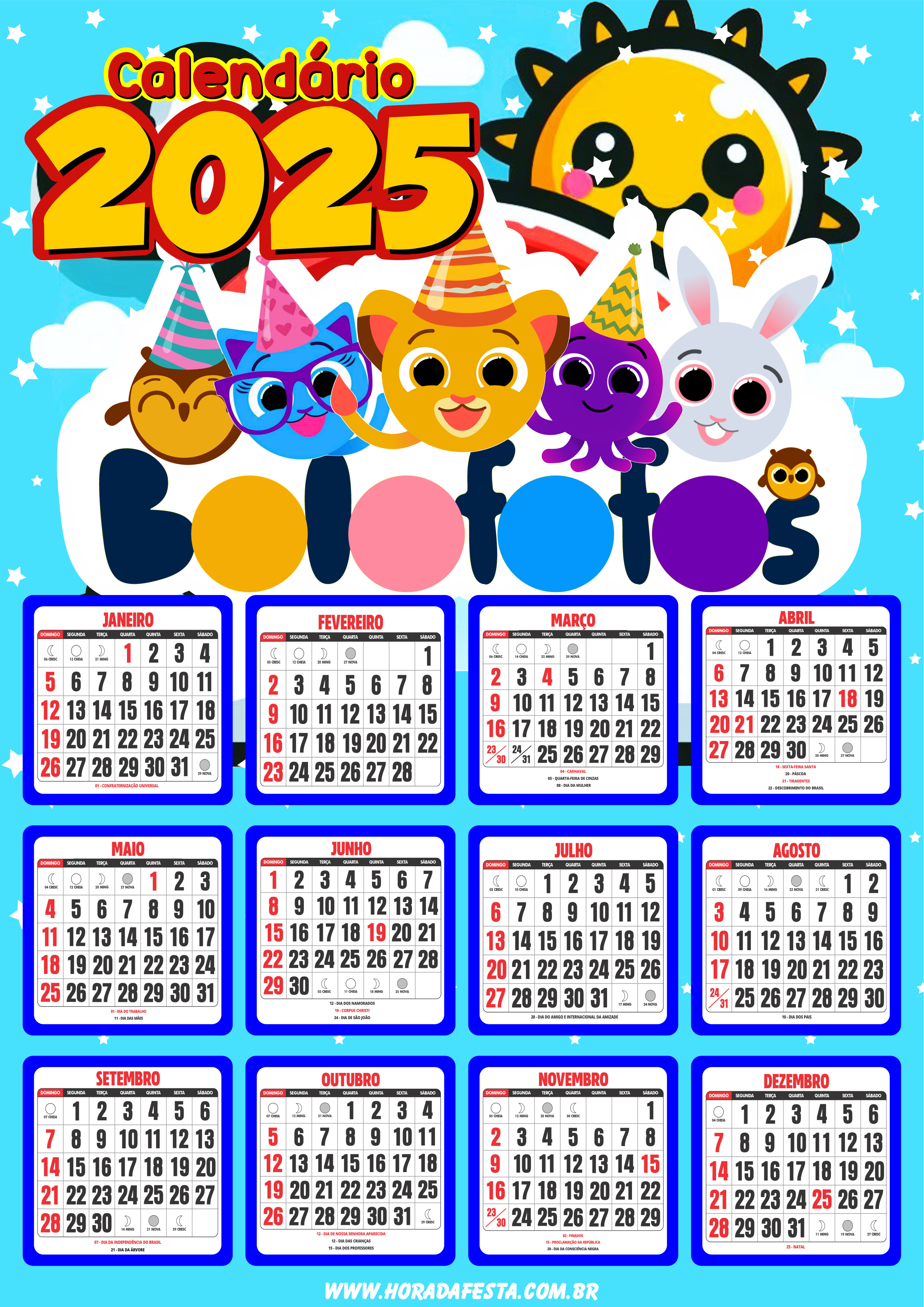 Calendário 2025 personalizado Bolofofos desenho infantil png